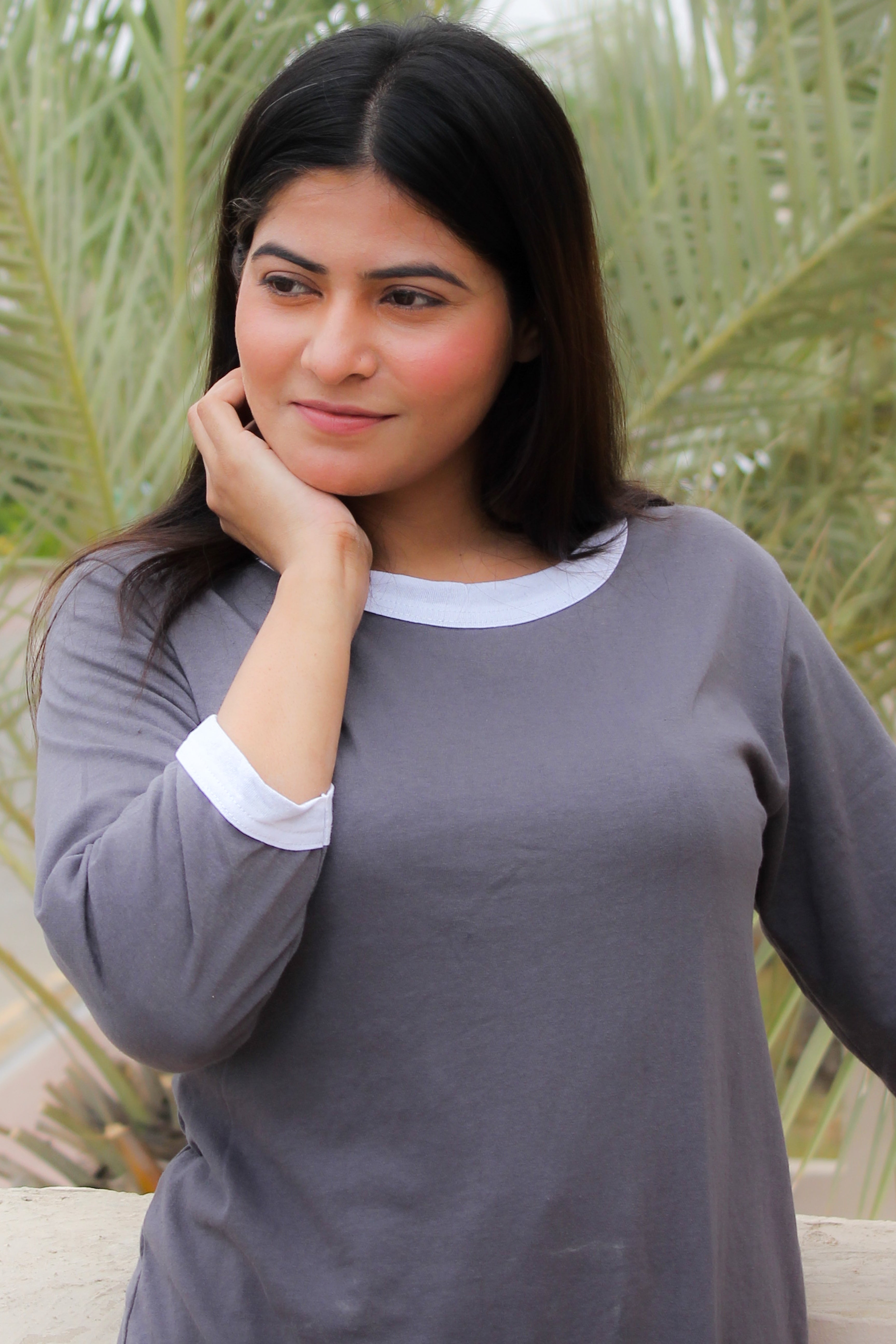 Grey White Round Neck Plazzo PJ Set