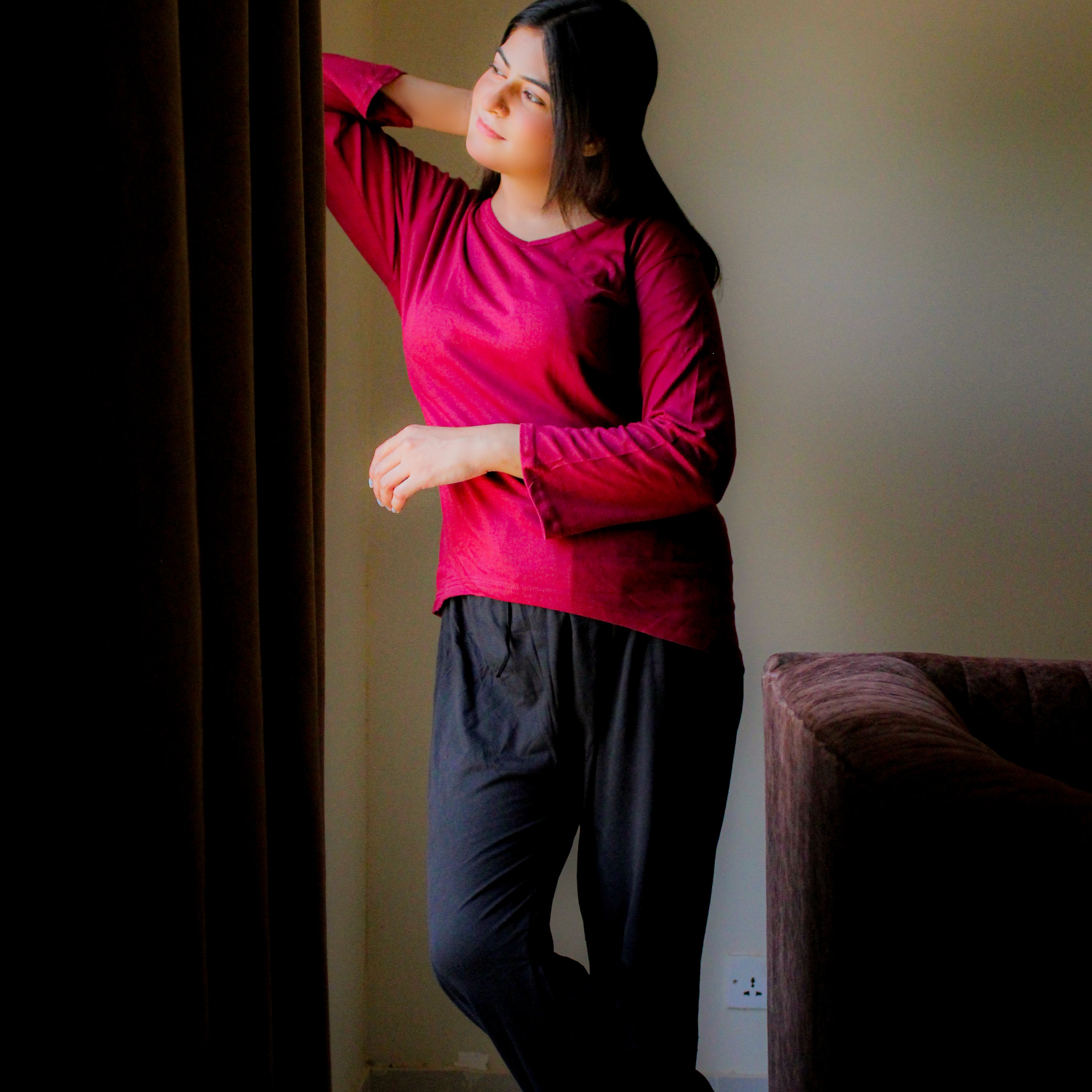 Plain Maroon V-Neck T-Shirt with Black Plazzo