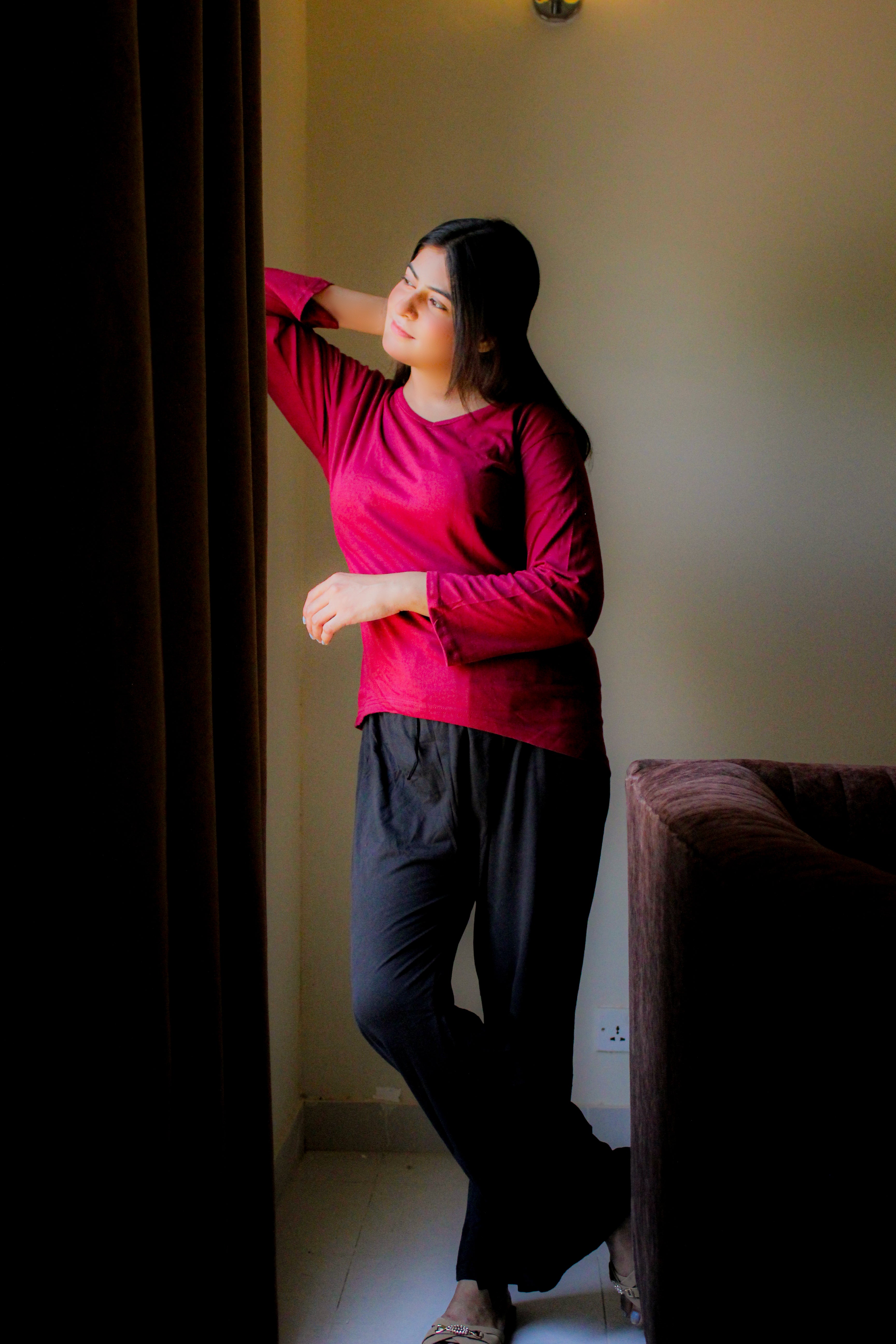 Plain Maroon V-Neck T-Shirt with Black Plazzo