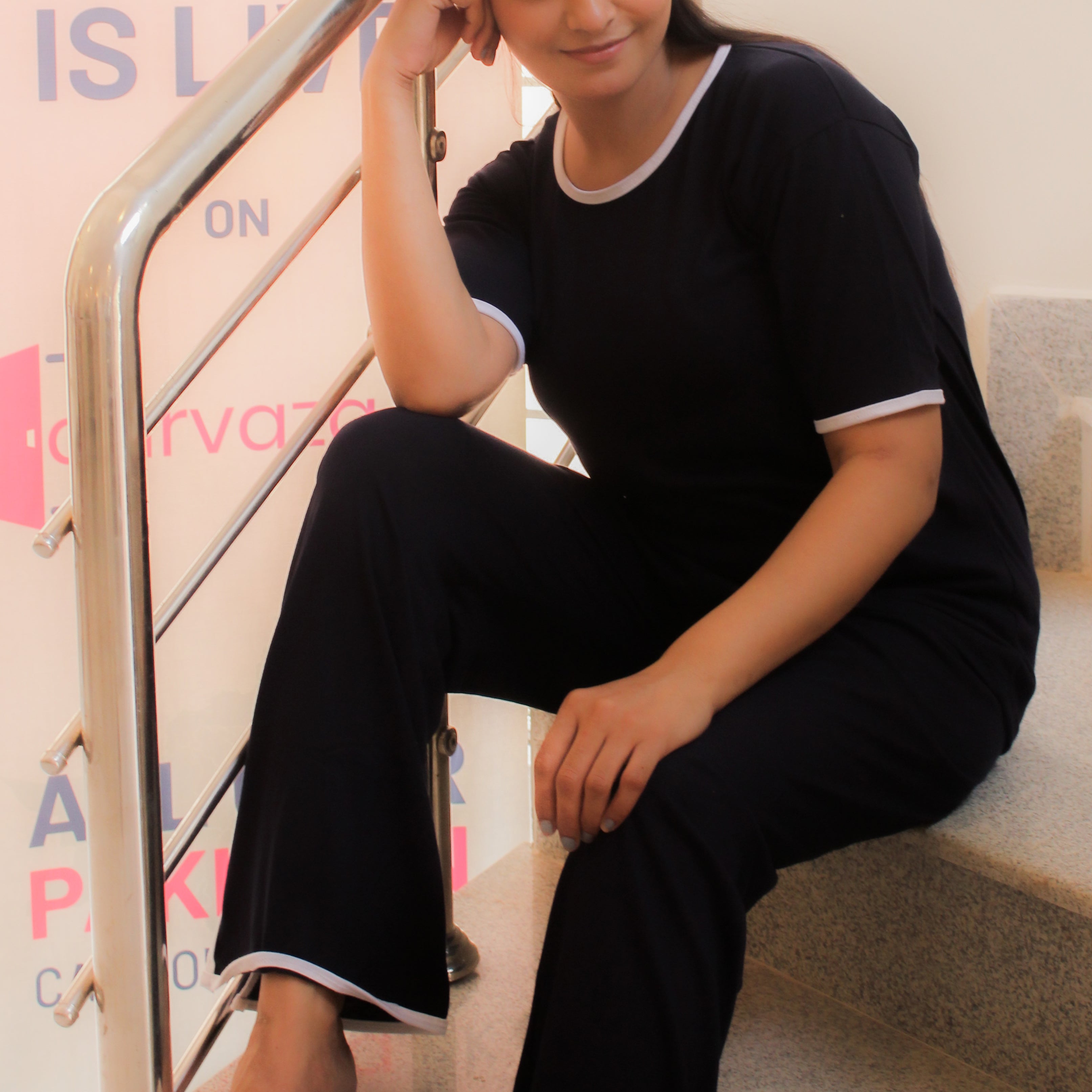 Plain Black T-Shirt with White Round Neck and Plazzo Pajama (Half Sleeve)