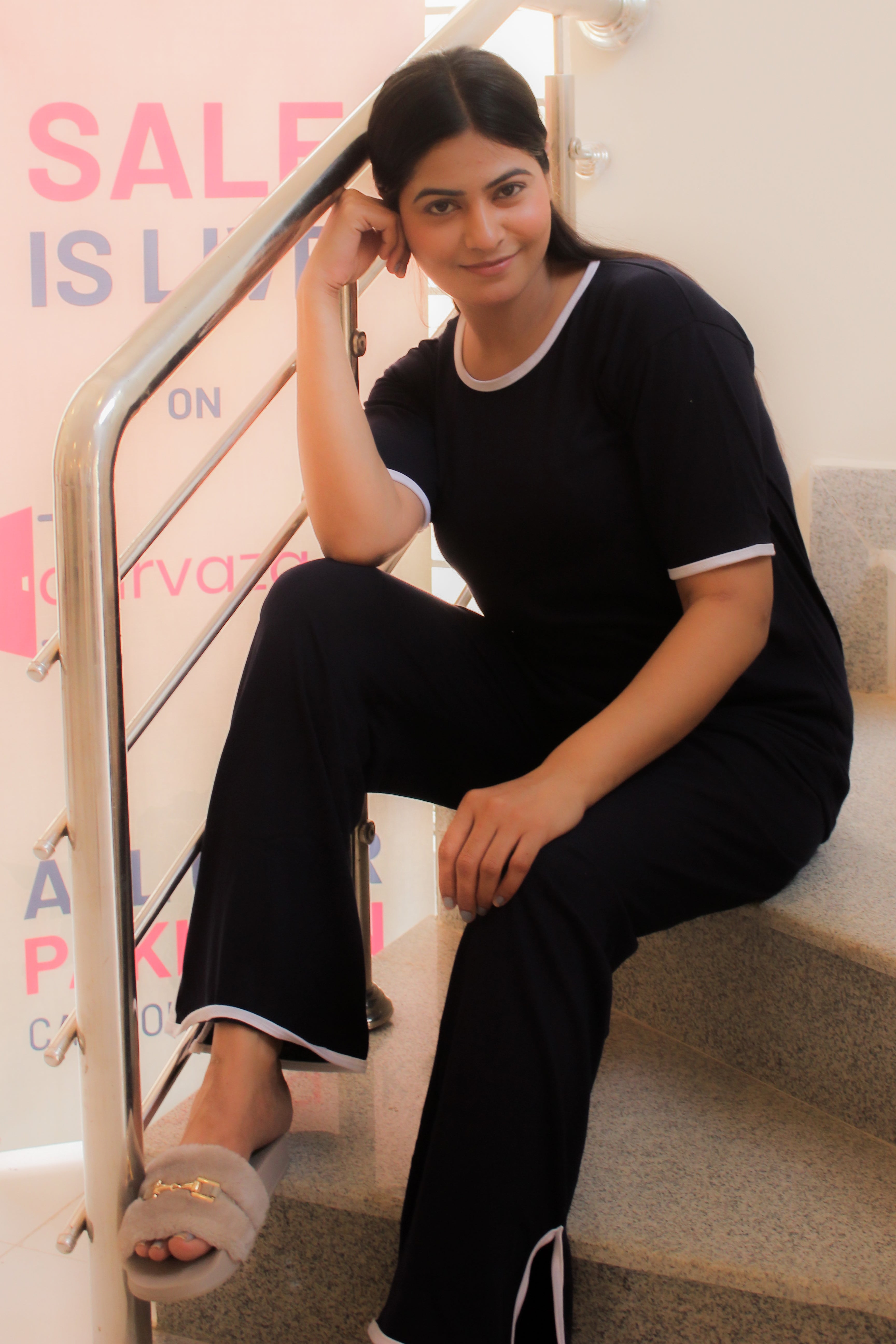 Plain Black T-Shirt with White Round Neck and Plazzo Pajama (Half Sleeve)