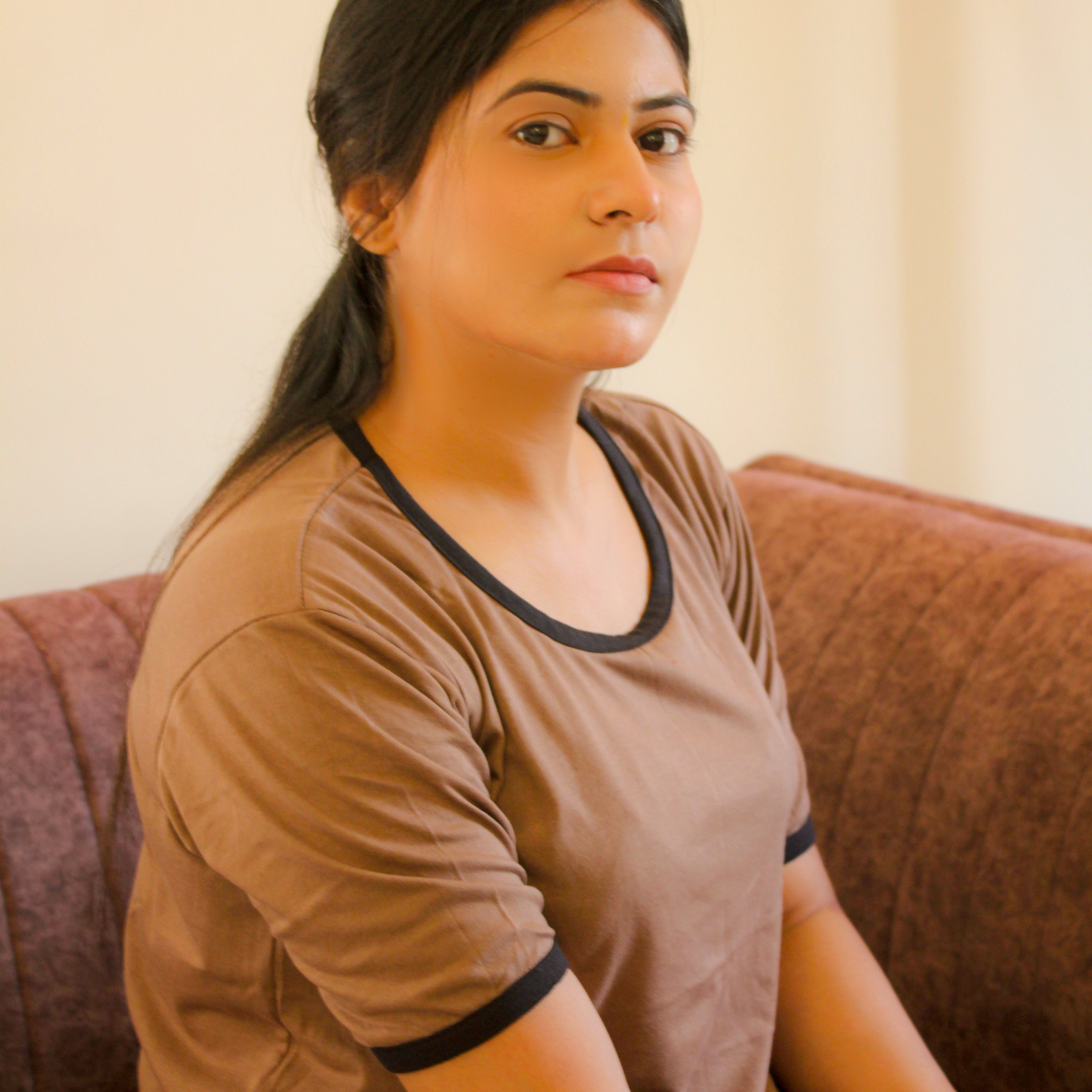 Plain Coffee Colour T-Shirt with Black Round Neck and Plazzo Pajama