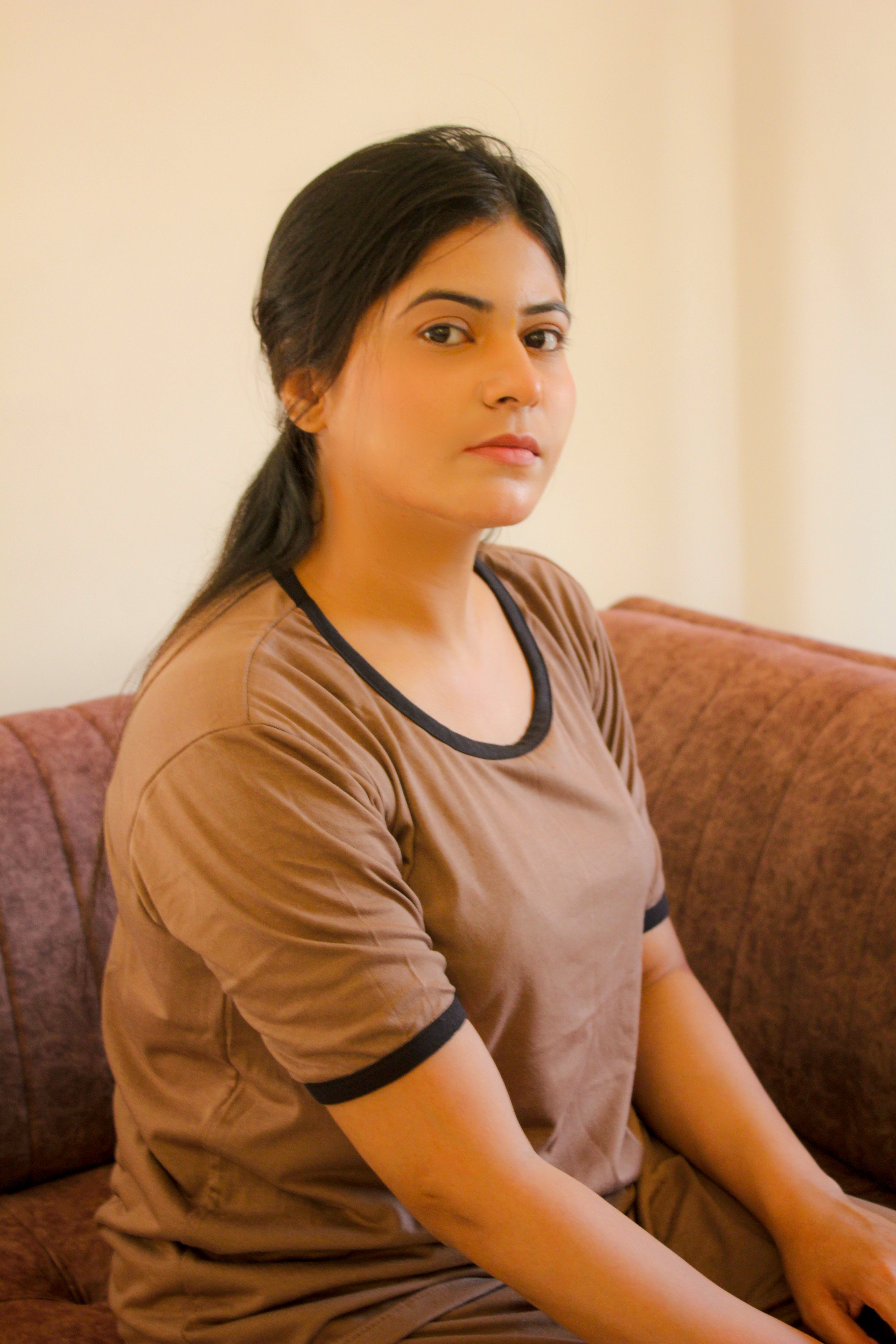 Plain Coffee Colour T-Shirt with Black Round Neck and Plazzo Pajama