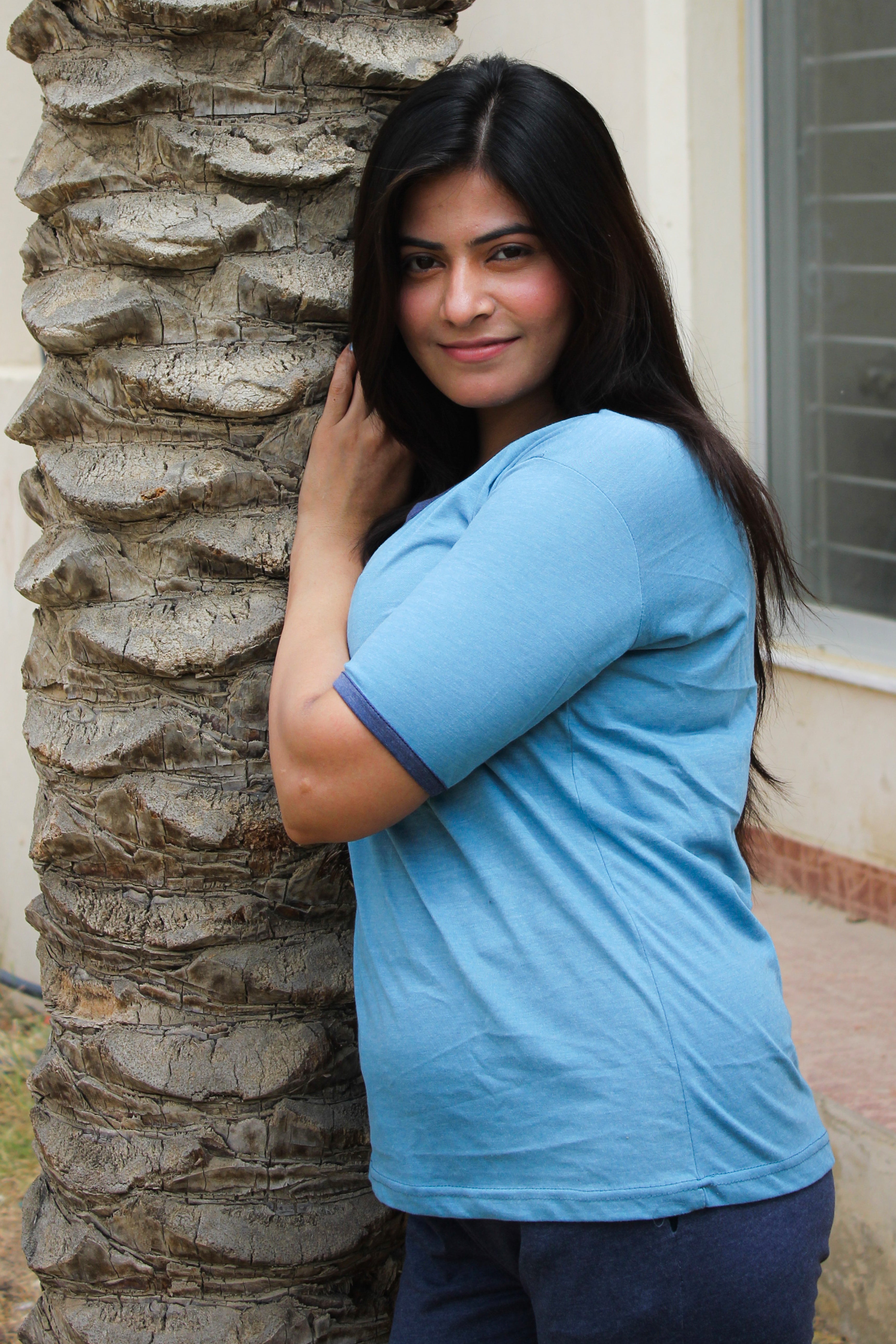 New Blue V-Neck T-Shirt with Contrast Pocket Pajama