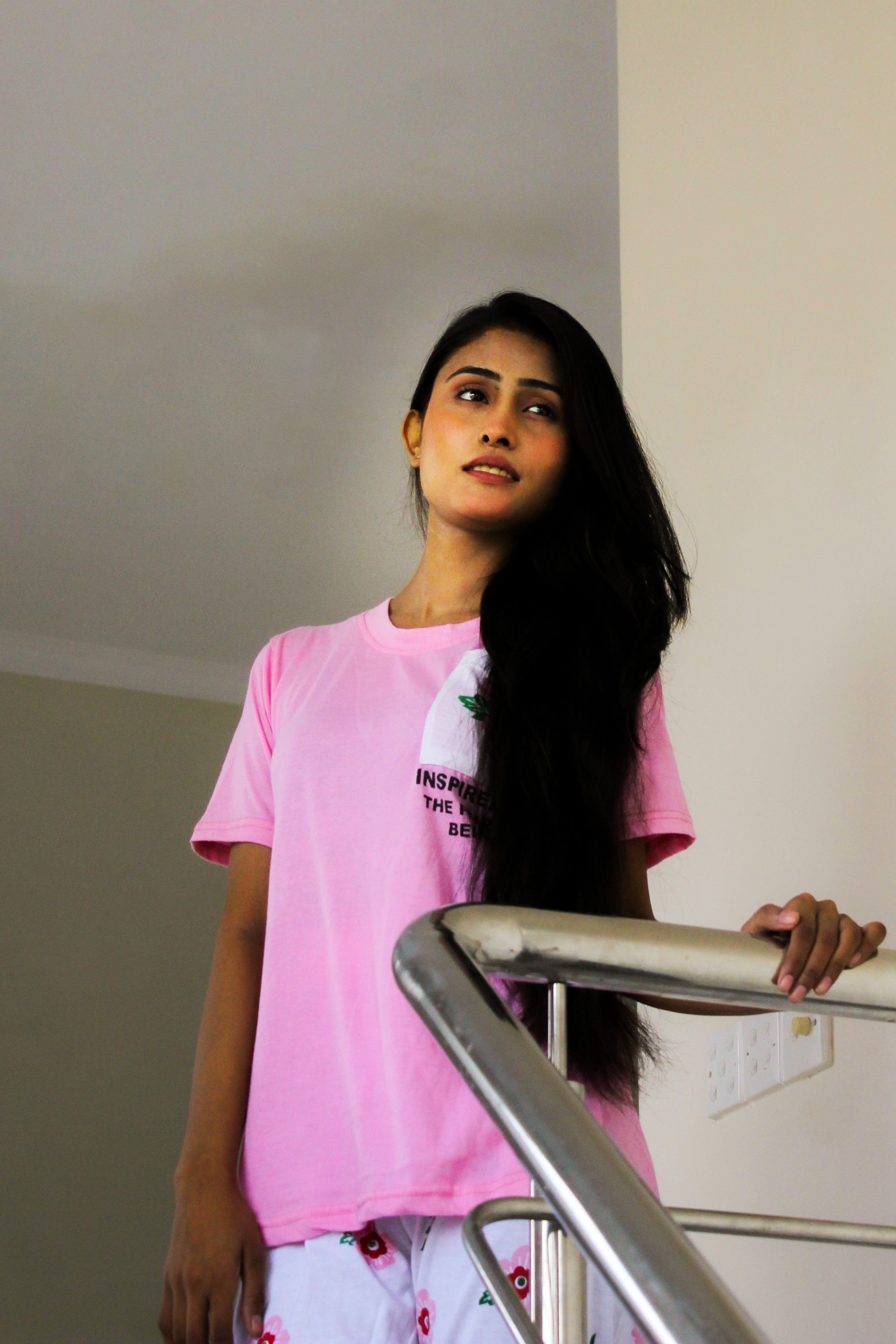 Pink Flower Printed Pocket Half Sleeves Shirt and White Flower Printed Trouser Nightwear