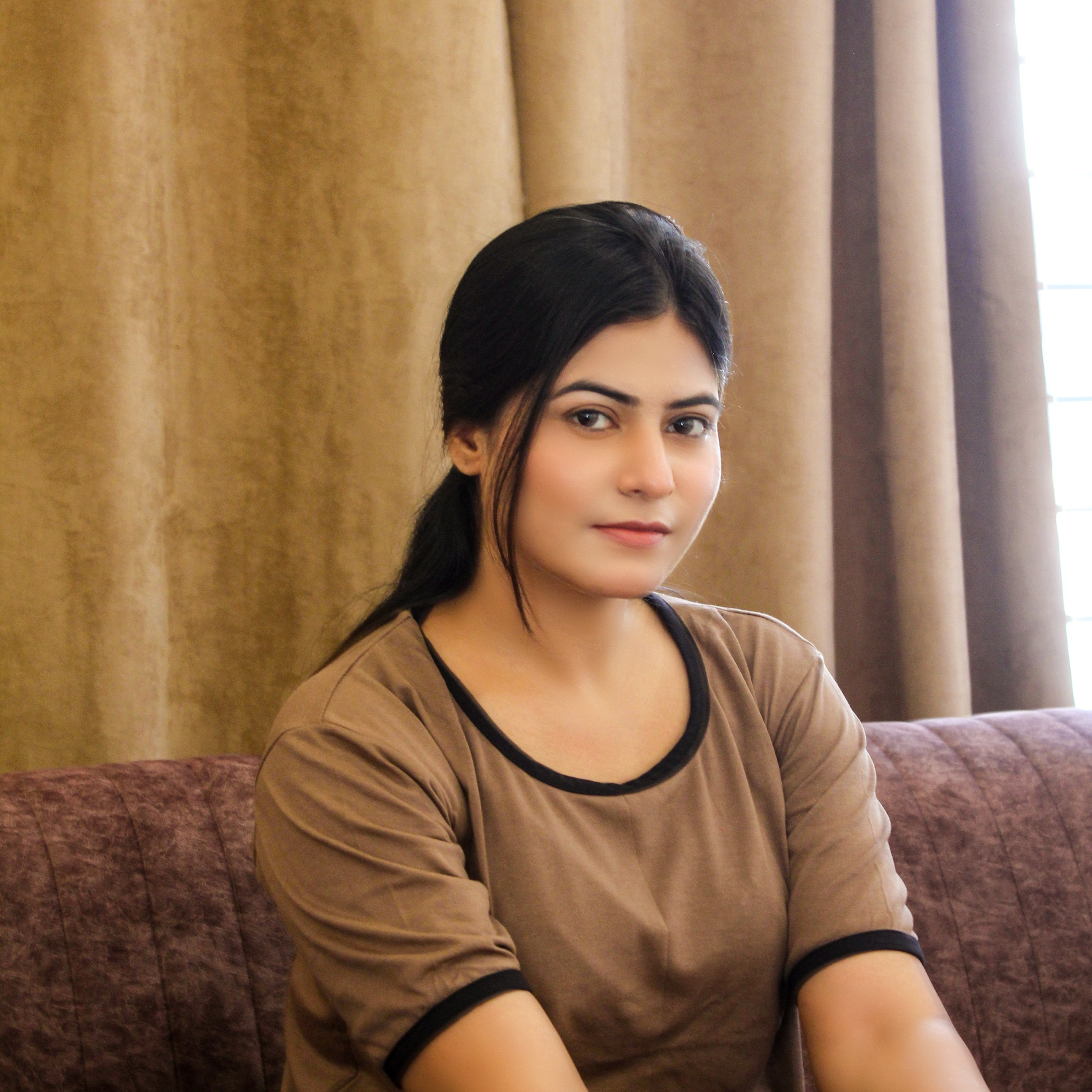 Plain Coffee Colour T-Shirt with Black Round Neck and Plazzo Pajama