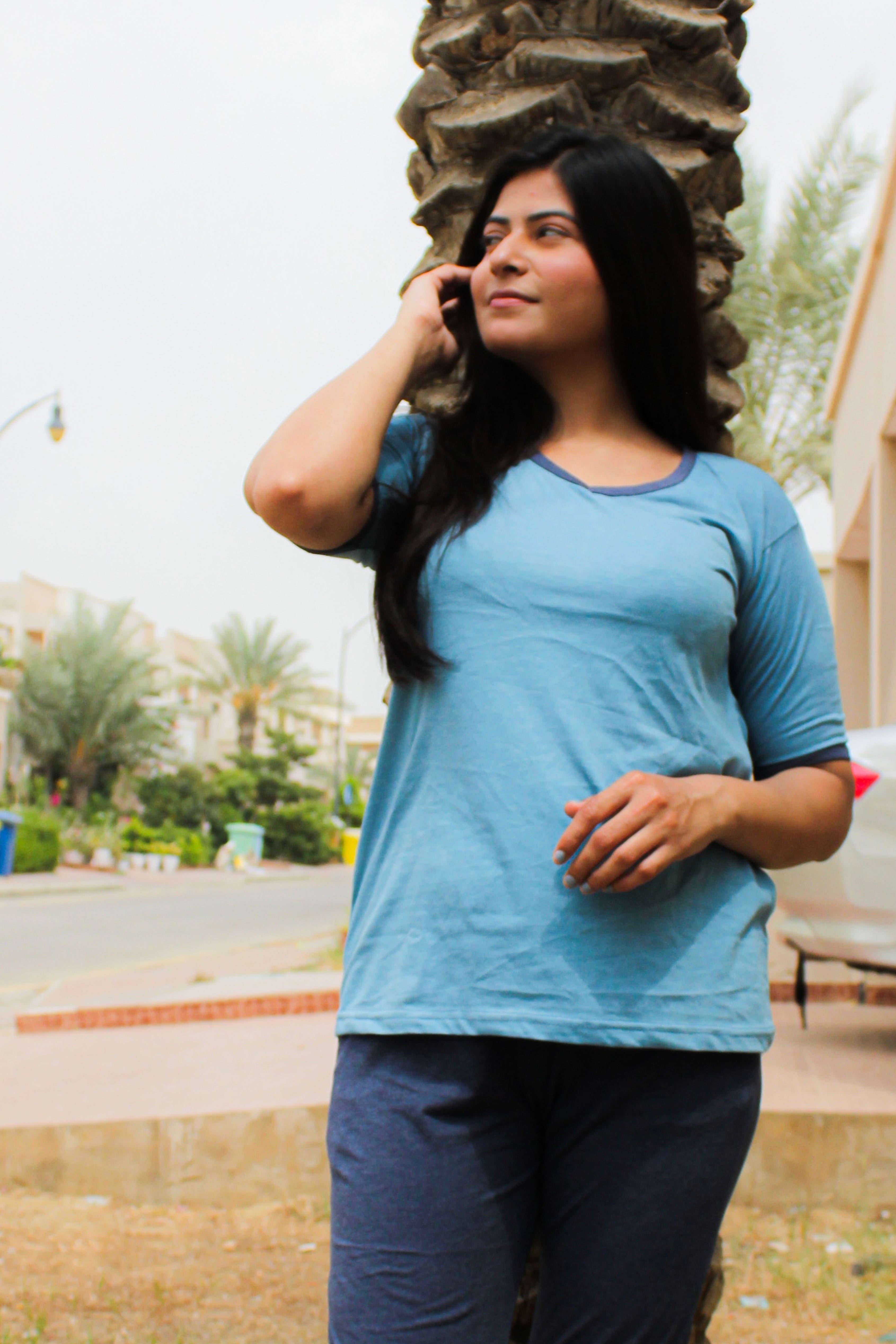 New Blue V-Neck T-Shirt with Contrast Pocket Pajama