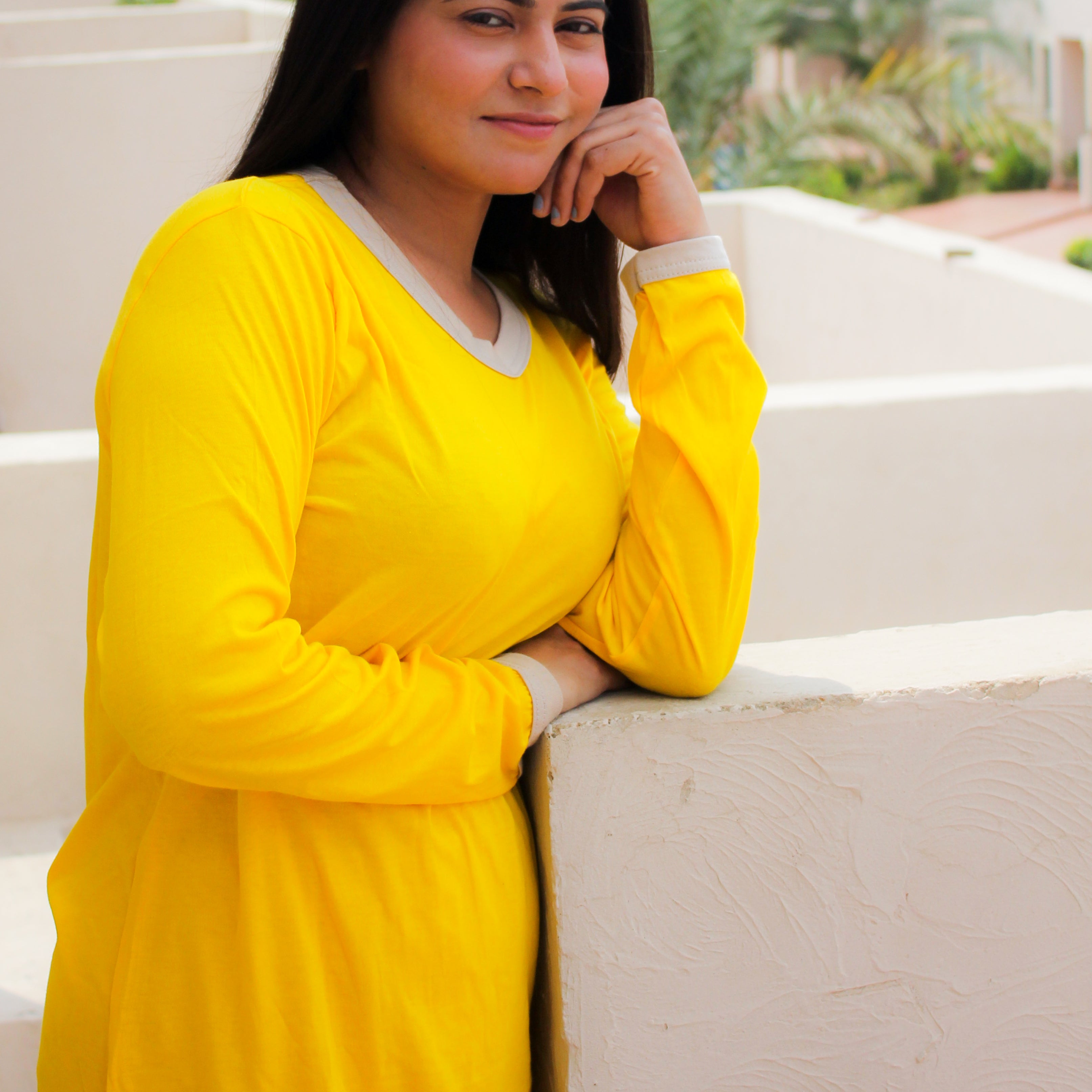 Yellow V-Neck T-Shirt with Contrast Trouser PJ Set