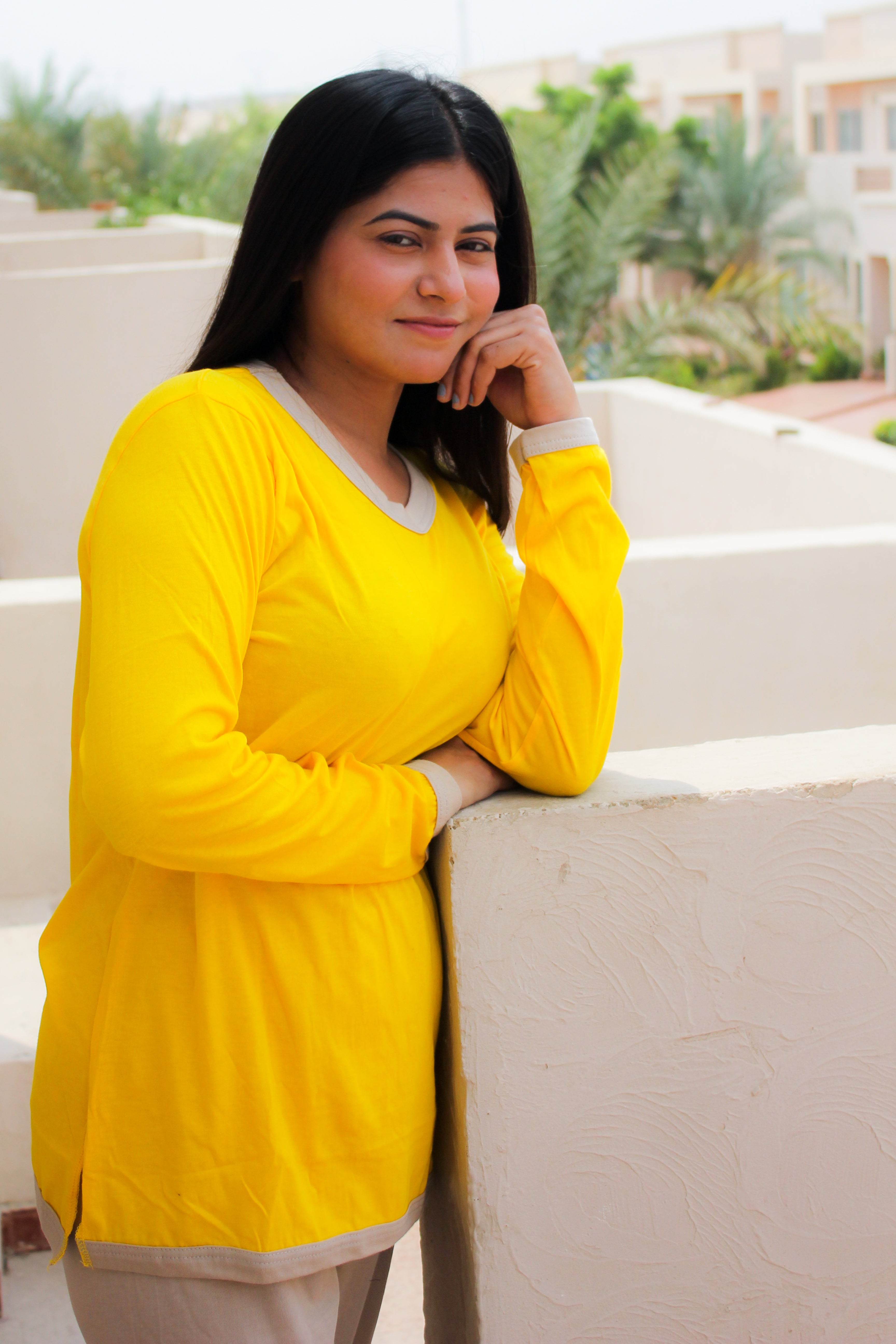 Yellow V-Neck T-Shirt with Contrast Trouser PJ Set