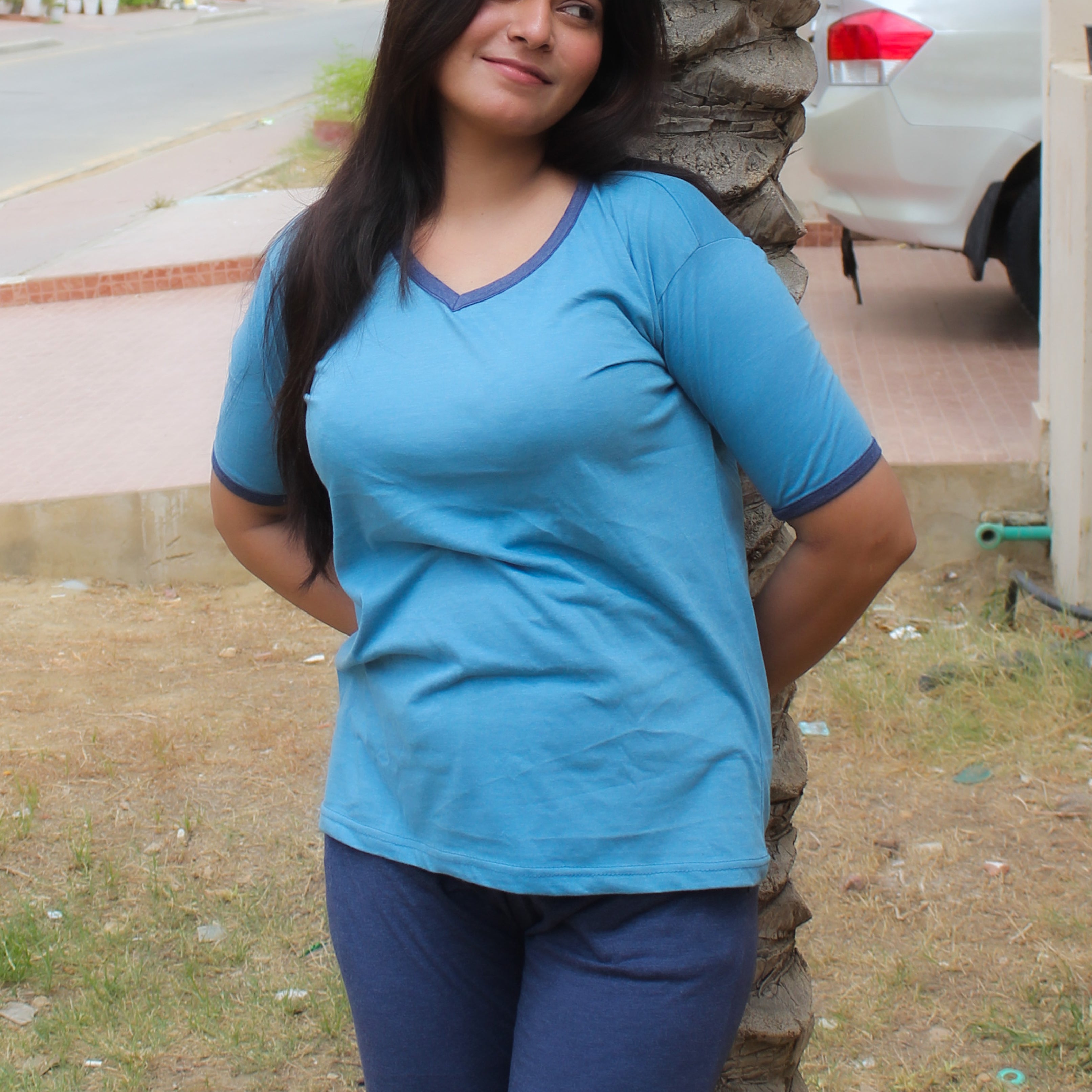New Blue V-Neck T-Shirt with Contrast Pocket Pajama