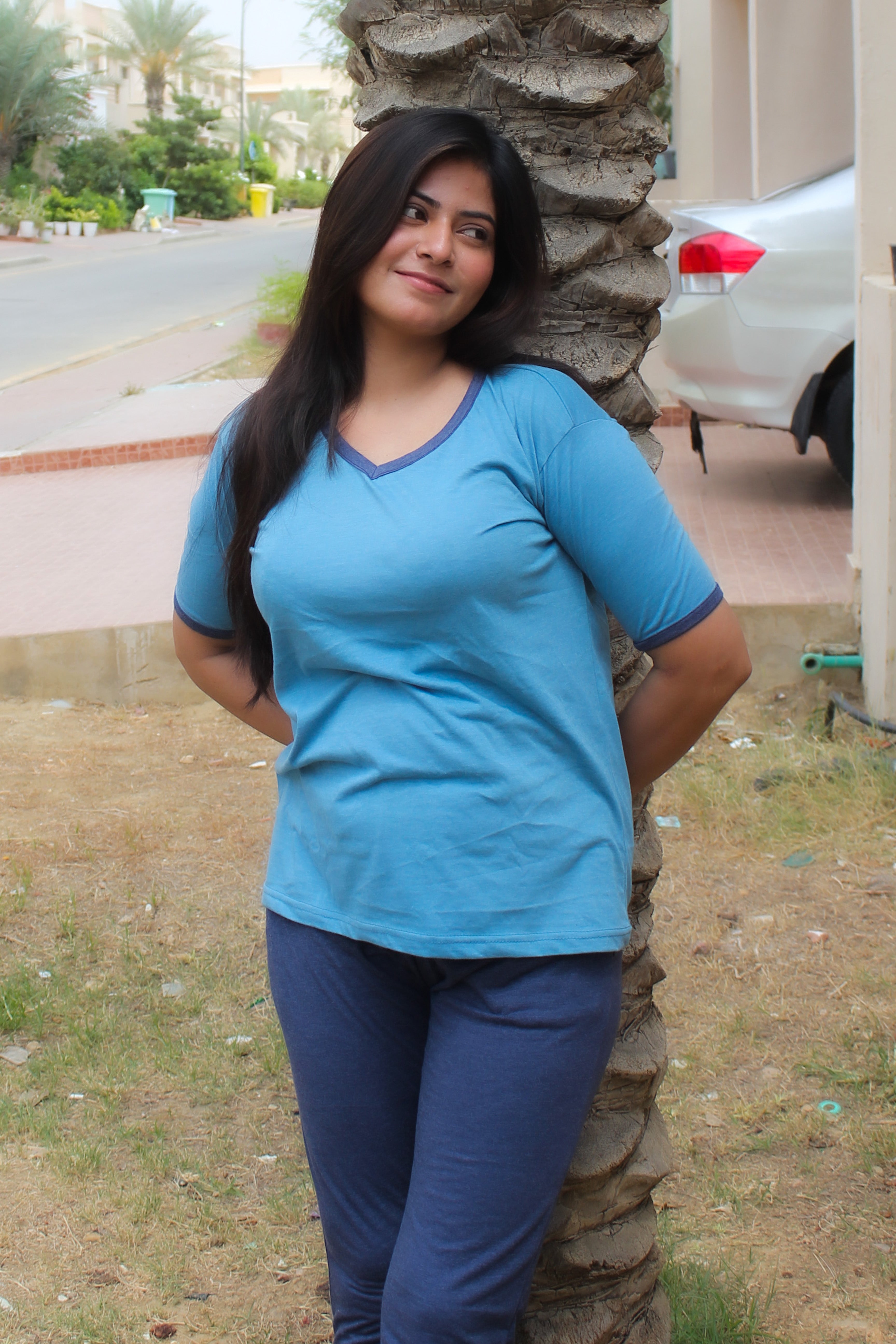 New Blue V-Neck T-Shirt with Contrast Pocket Pajama