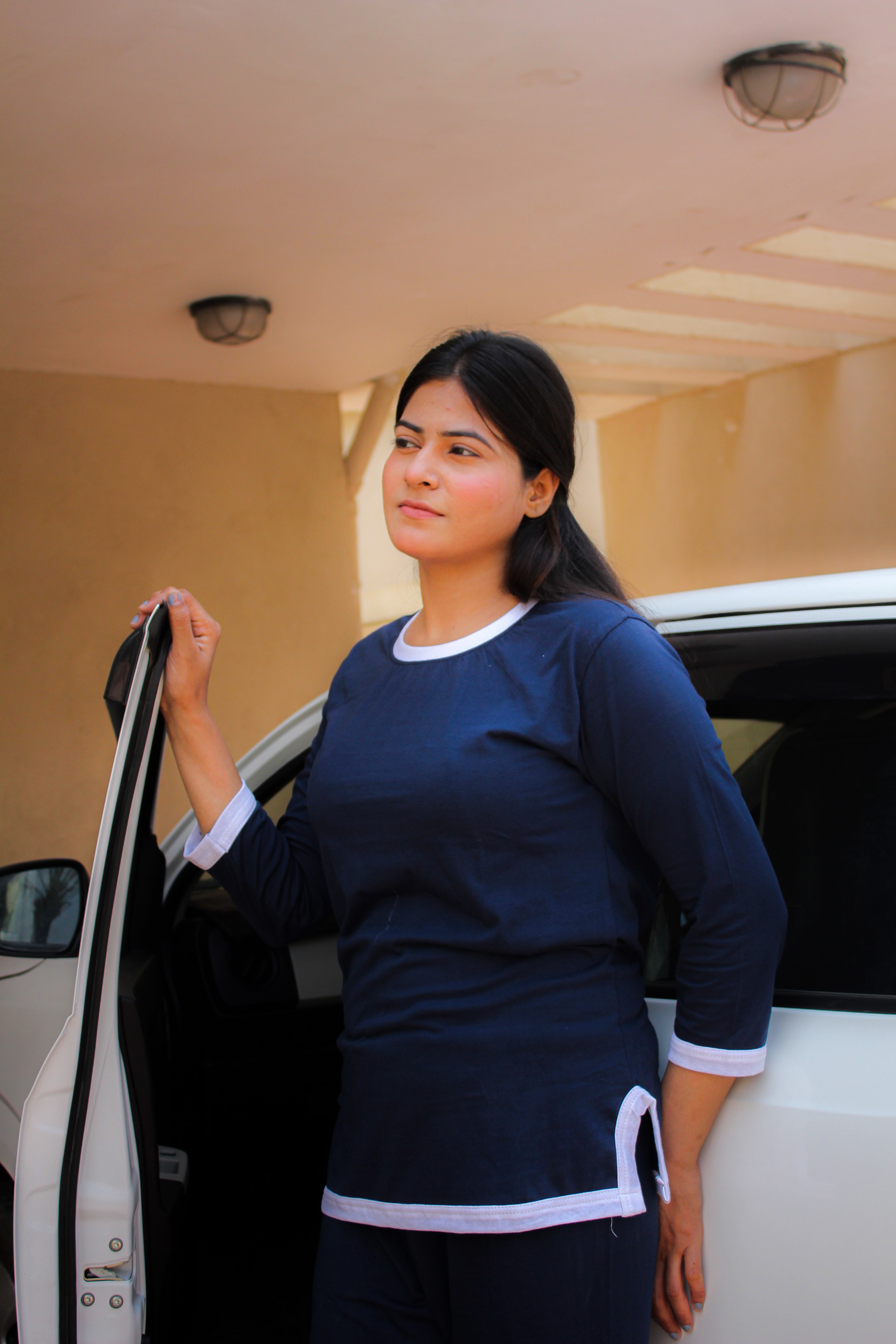 Navy Blue White Round Neck Plazzo PJ Set