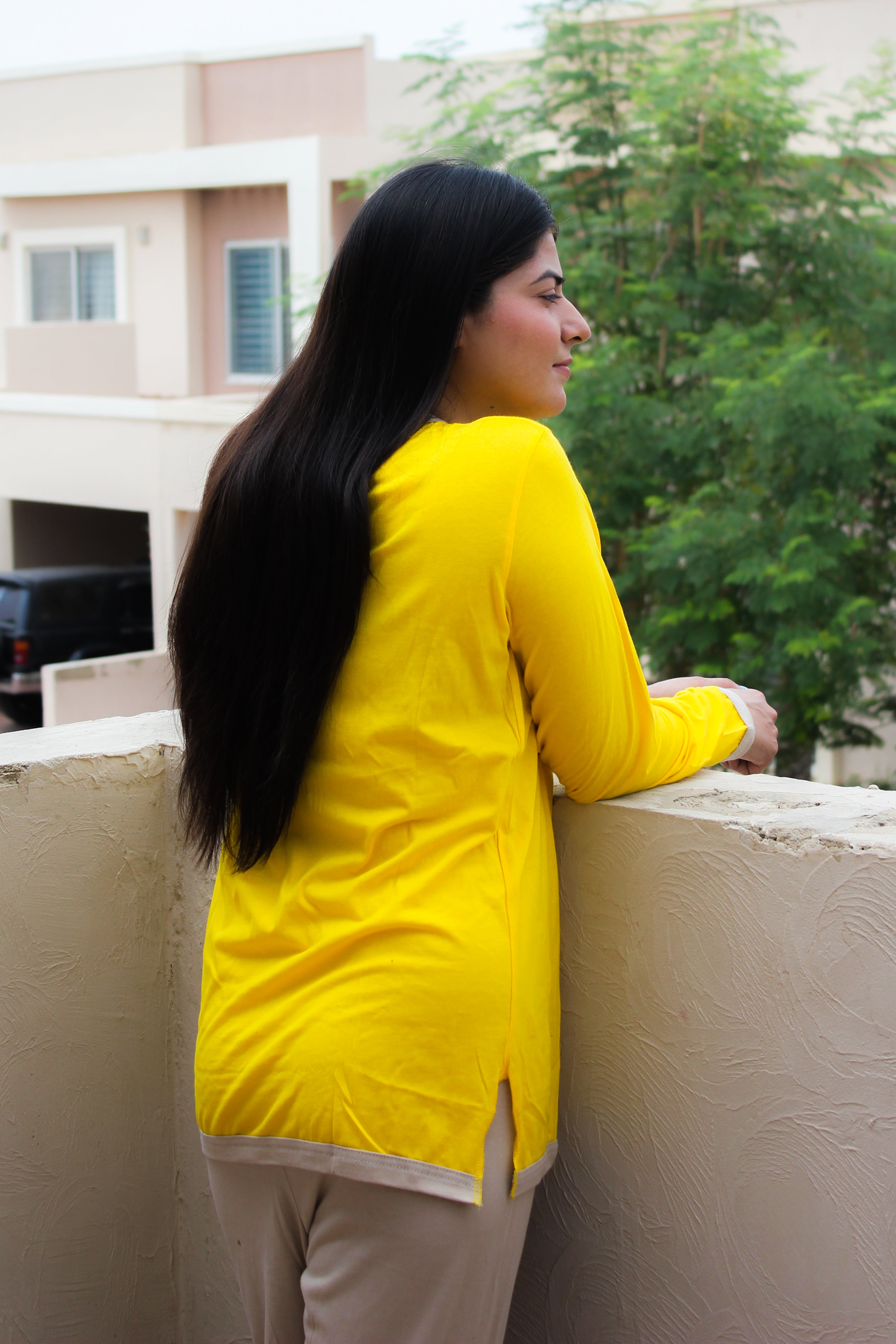 Yellow V-Neck T-Shirt with Contrast Trouser PJ Set