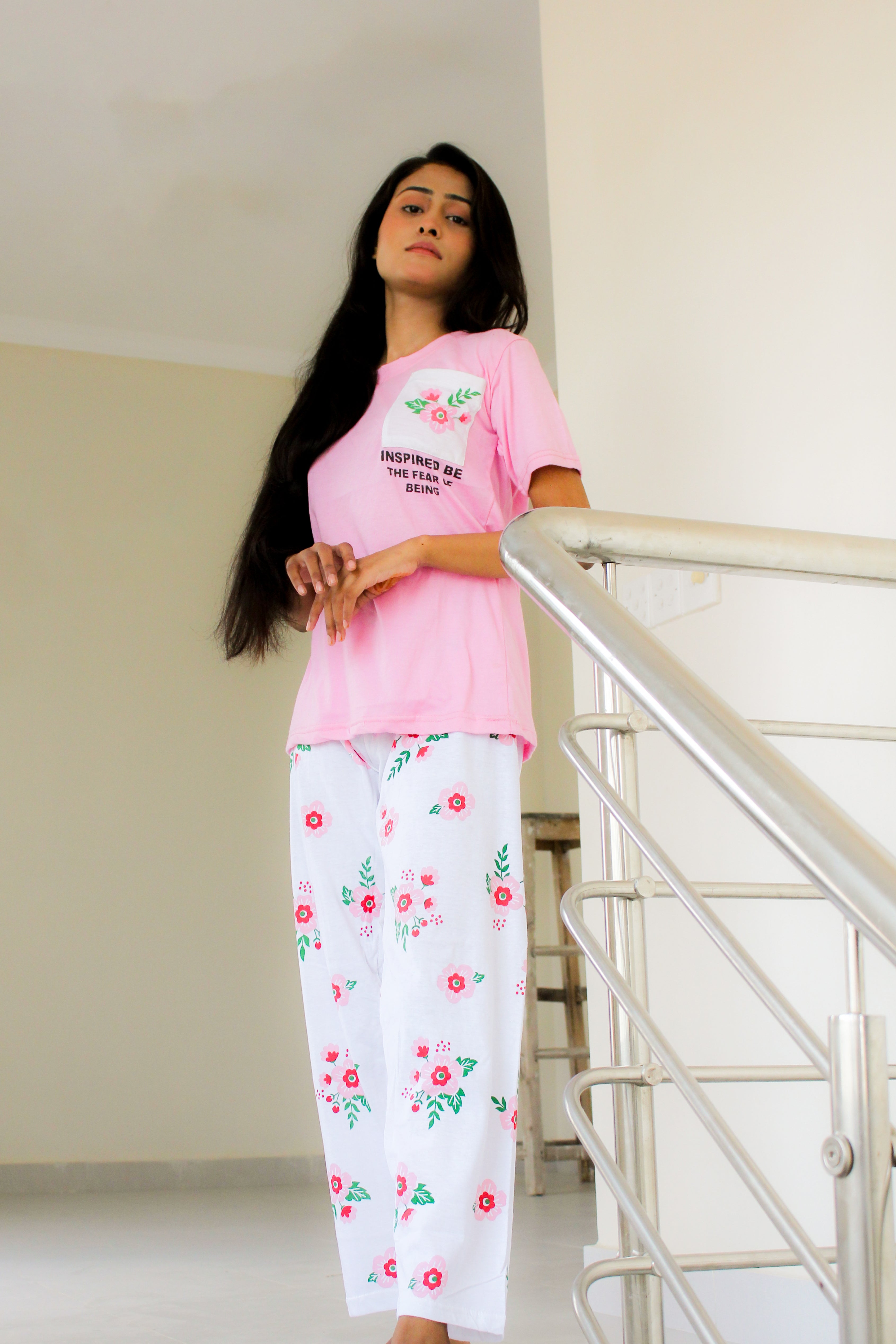 Pink Flower Printed Pocket Half Sleeves Shirt and White Flower Printed Trouser Nightwear