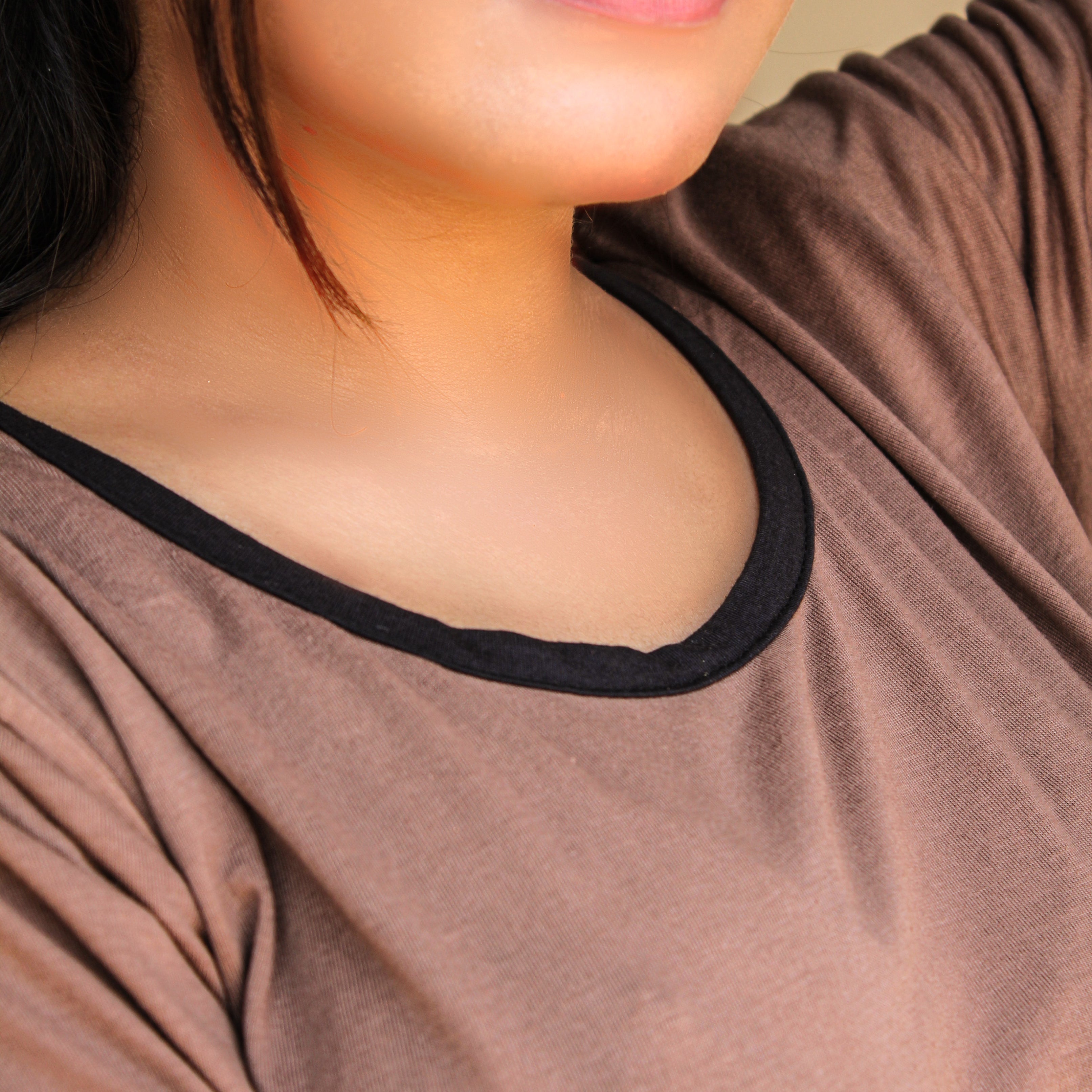 Plain Coffee Colour T-Shirt with Black Round Neck and Plazzo Pajama