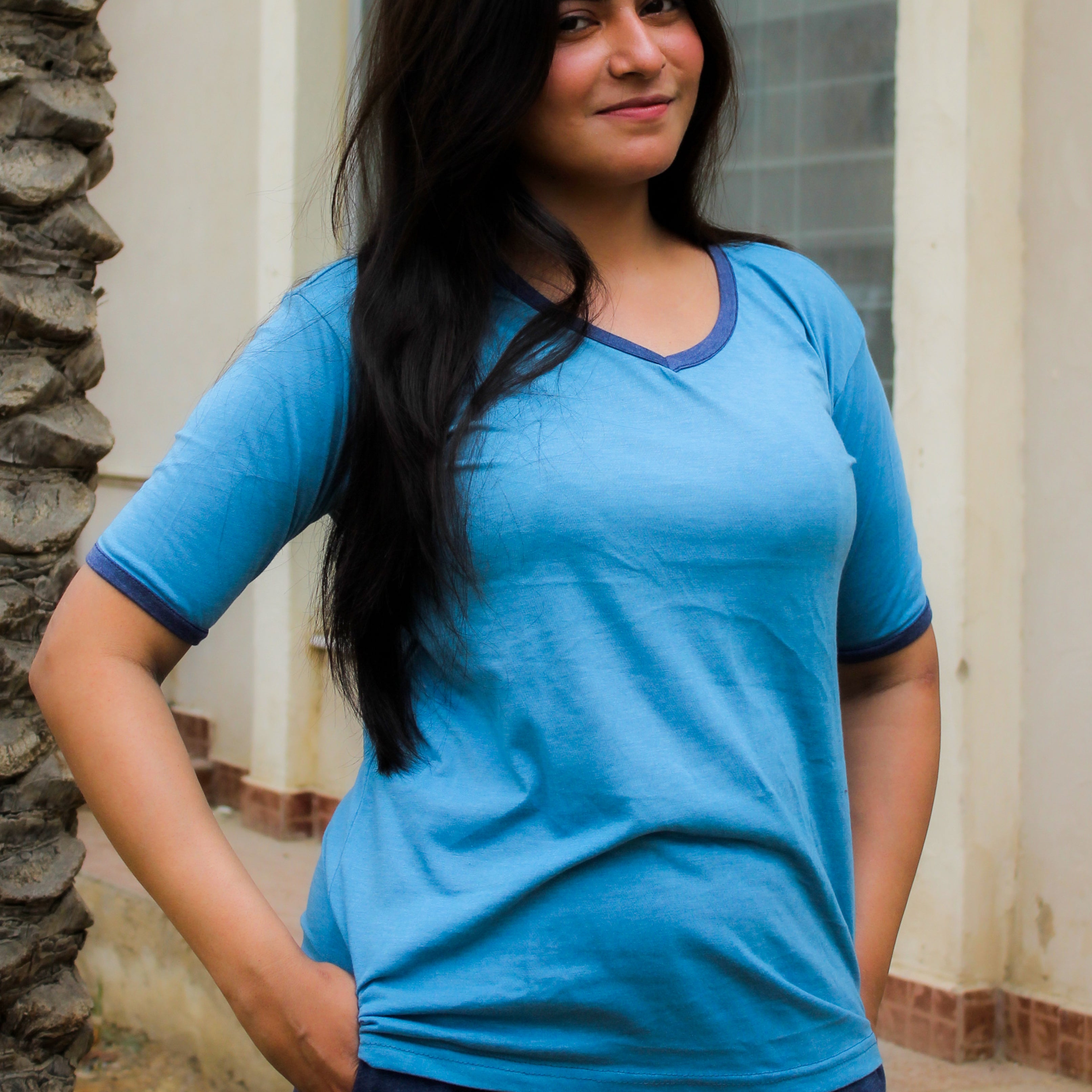 New Blue V-Neck T-Shirt with Contrast Pocket Pajama
