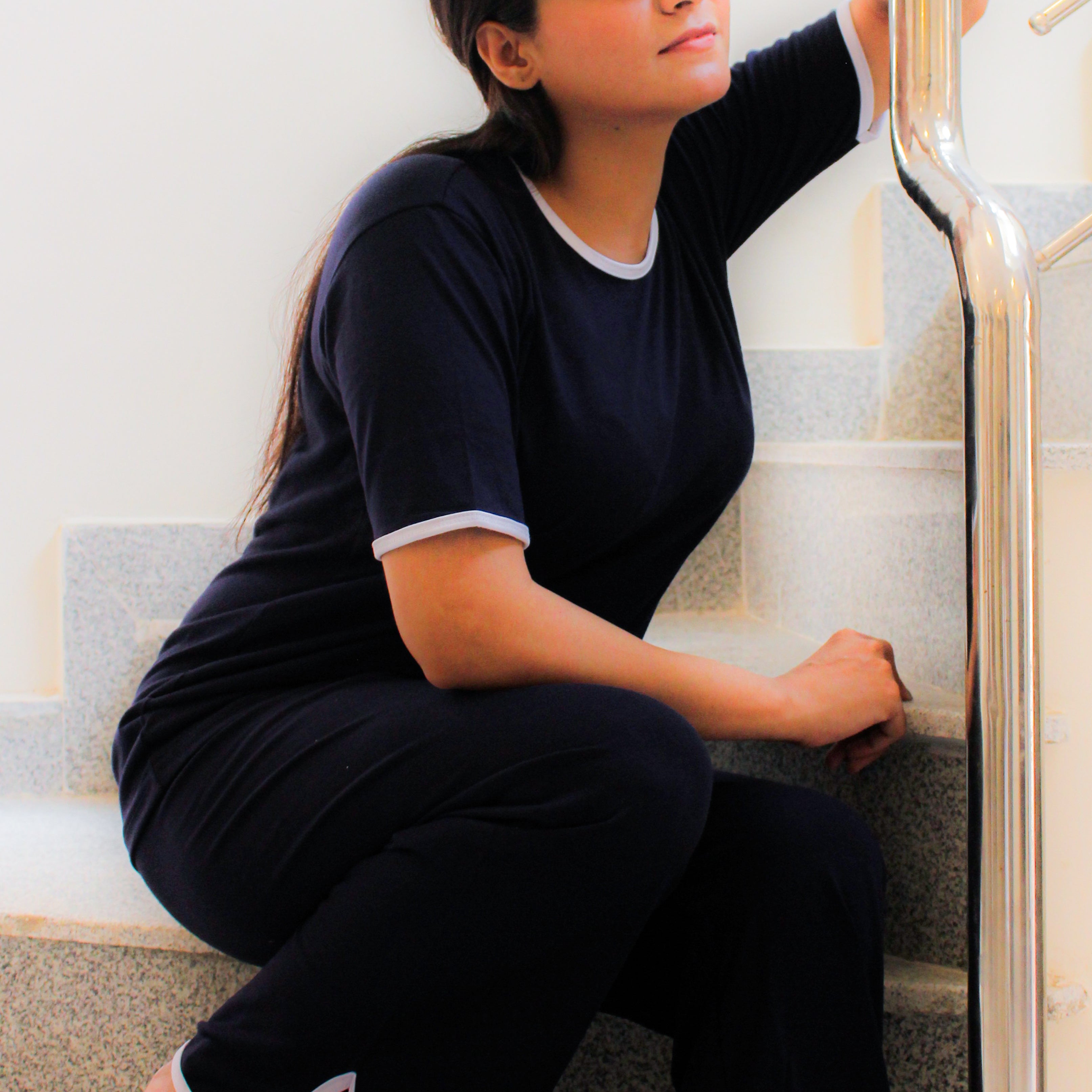 Plain Black T-Shirt with White Round Neck and Plazzo Pajama (Half Sleeve)