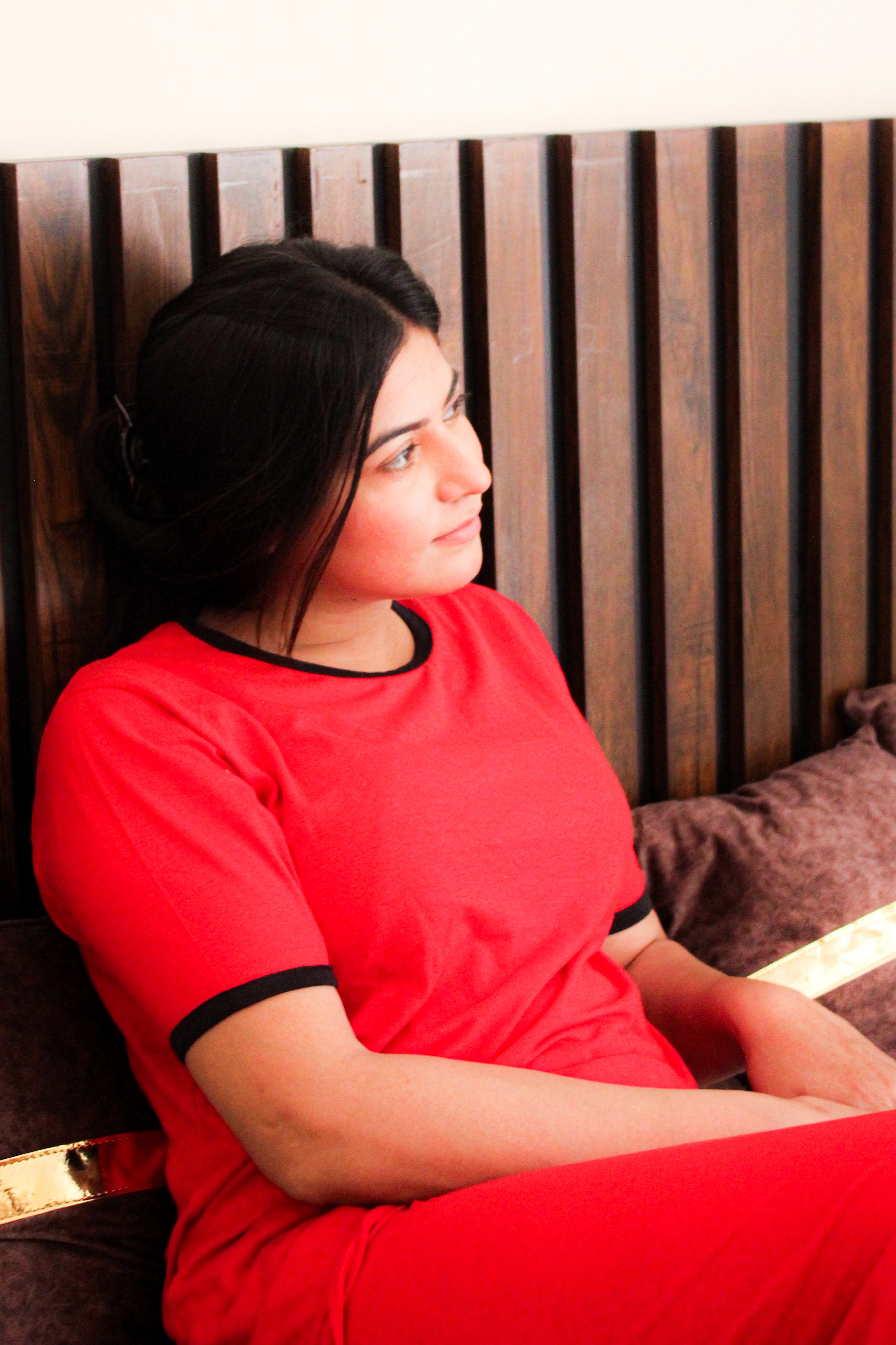 Plain Red T-Shirt with Black Round Neck and Plazzo Pajama