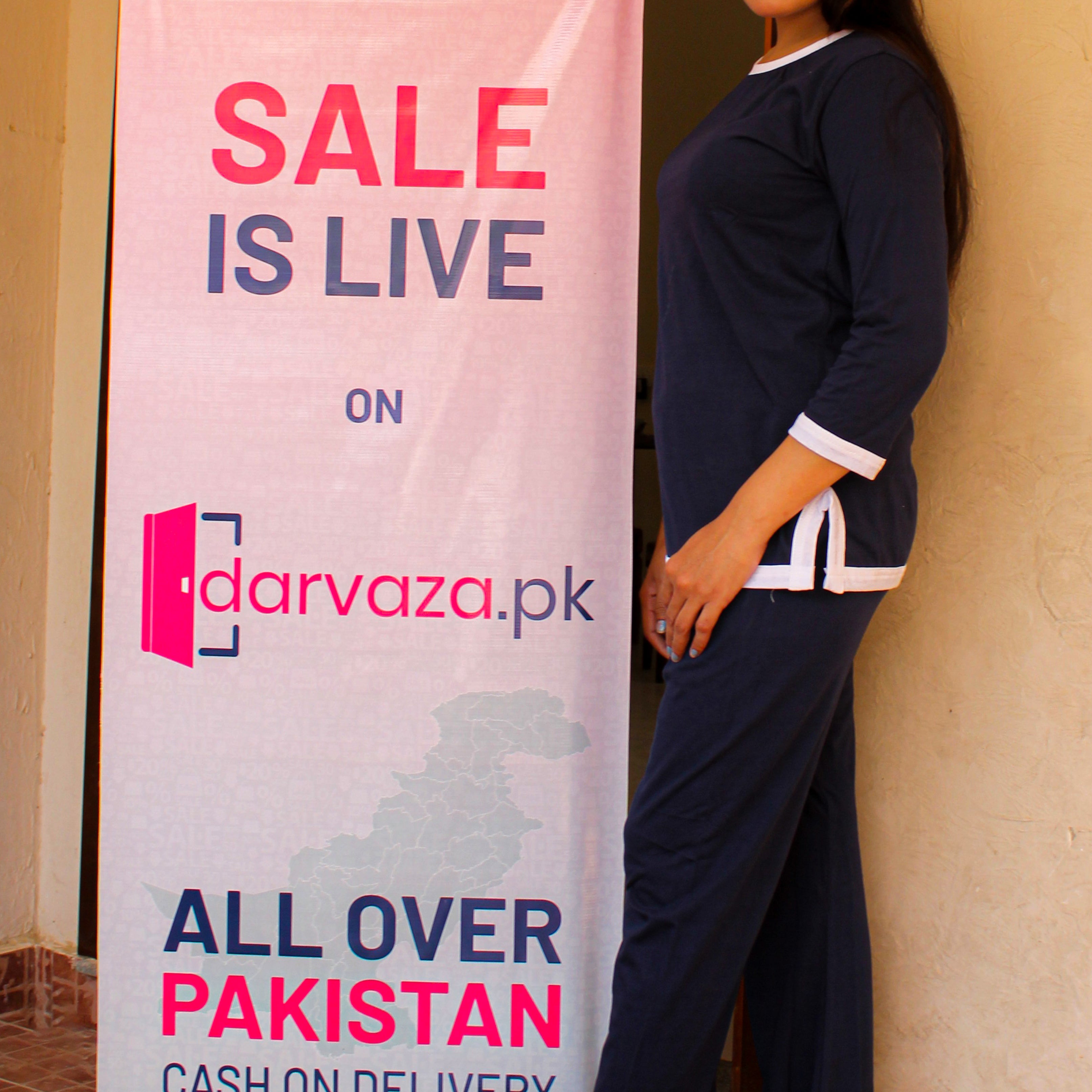 Navy Blue White Round Neck Plazzo PJ Set