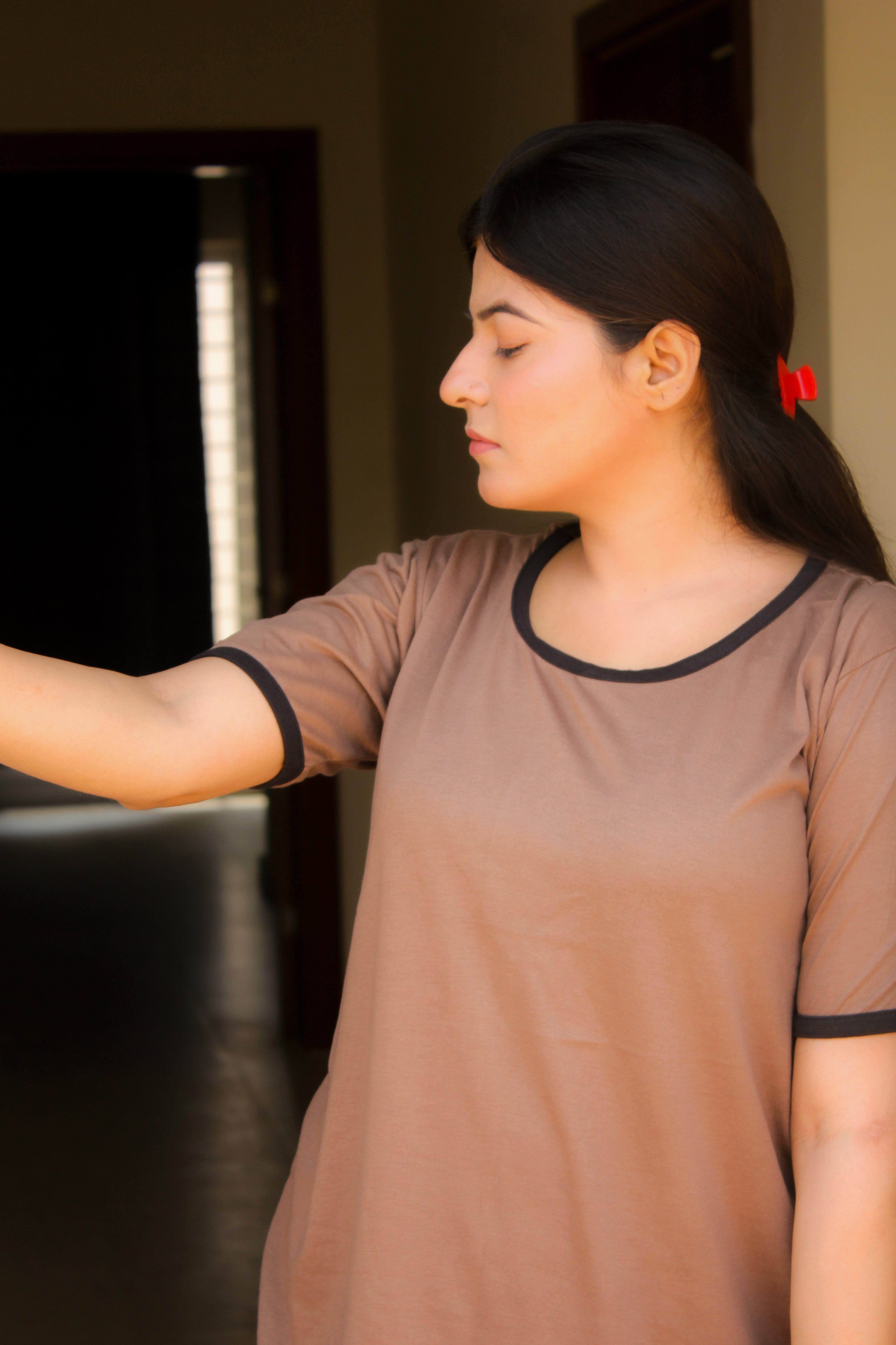 Plain Coffee Colour T-Shirt with Black Round Neck and Plazzo Pajama