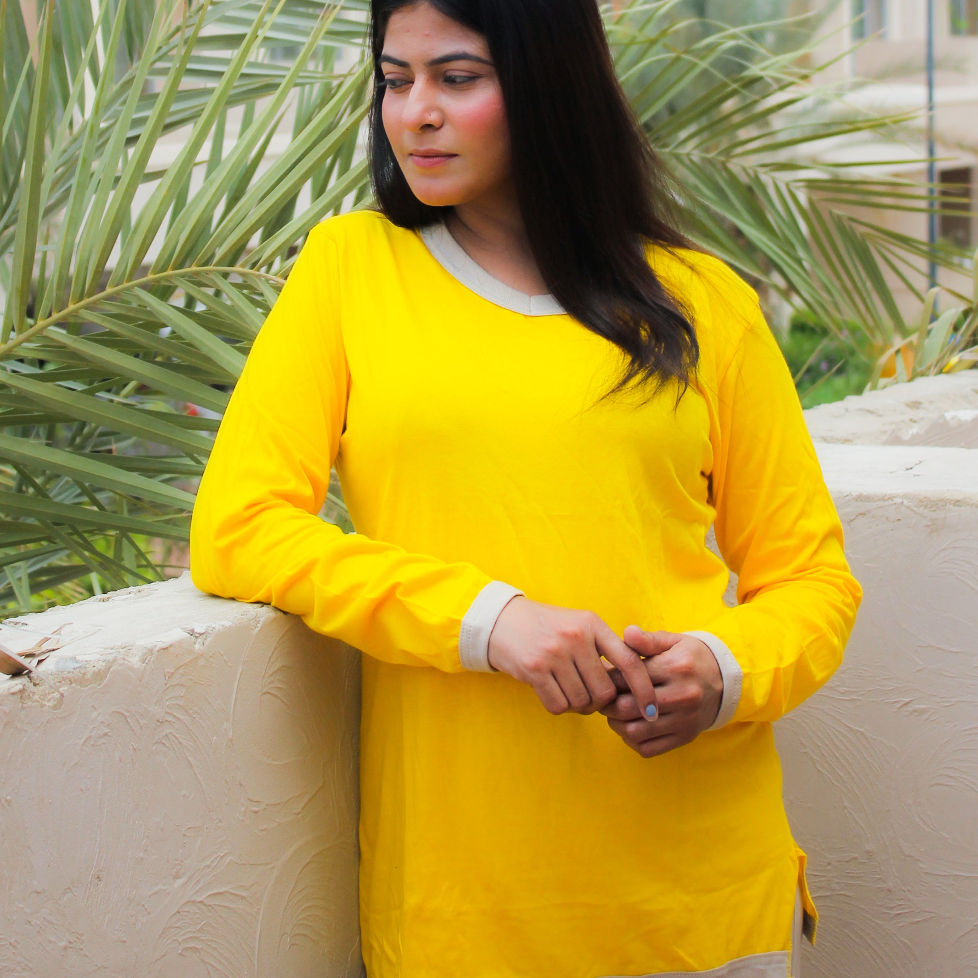 Yellow V-Neck T-Shirt with Contrast Trouser PJ Set