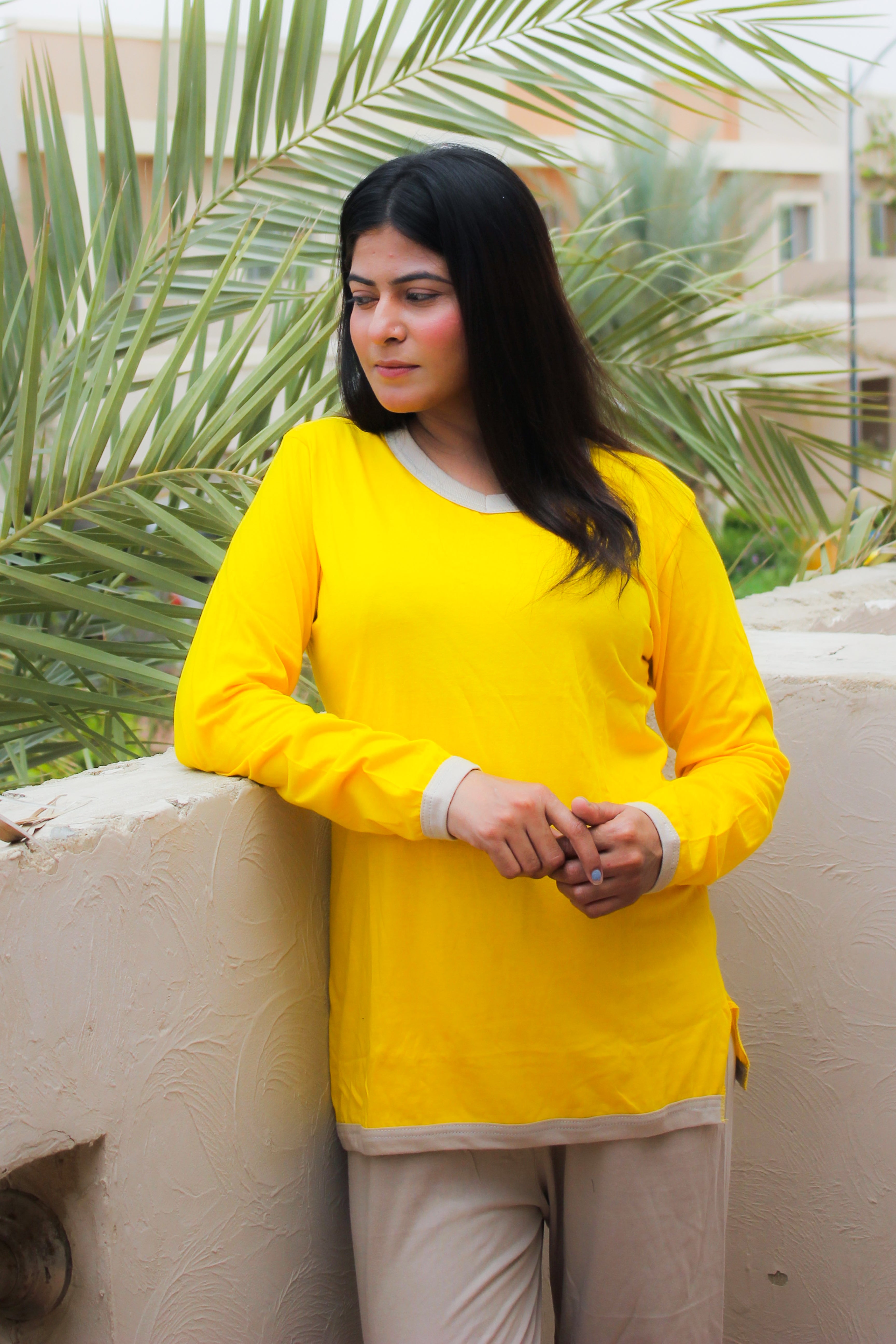 Yellow V-Neck T-Shirt with Contrast Trouser PJ Set
