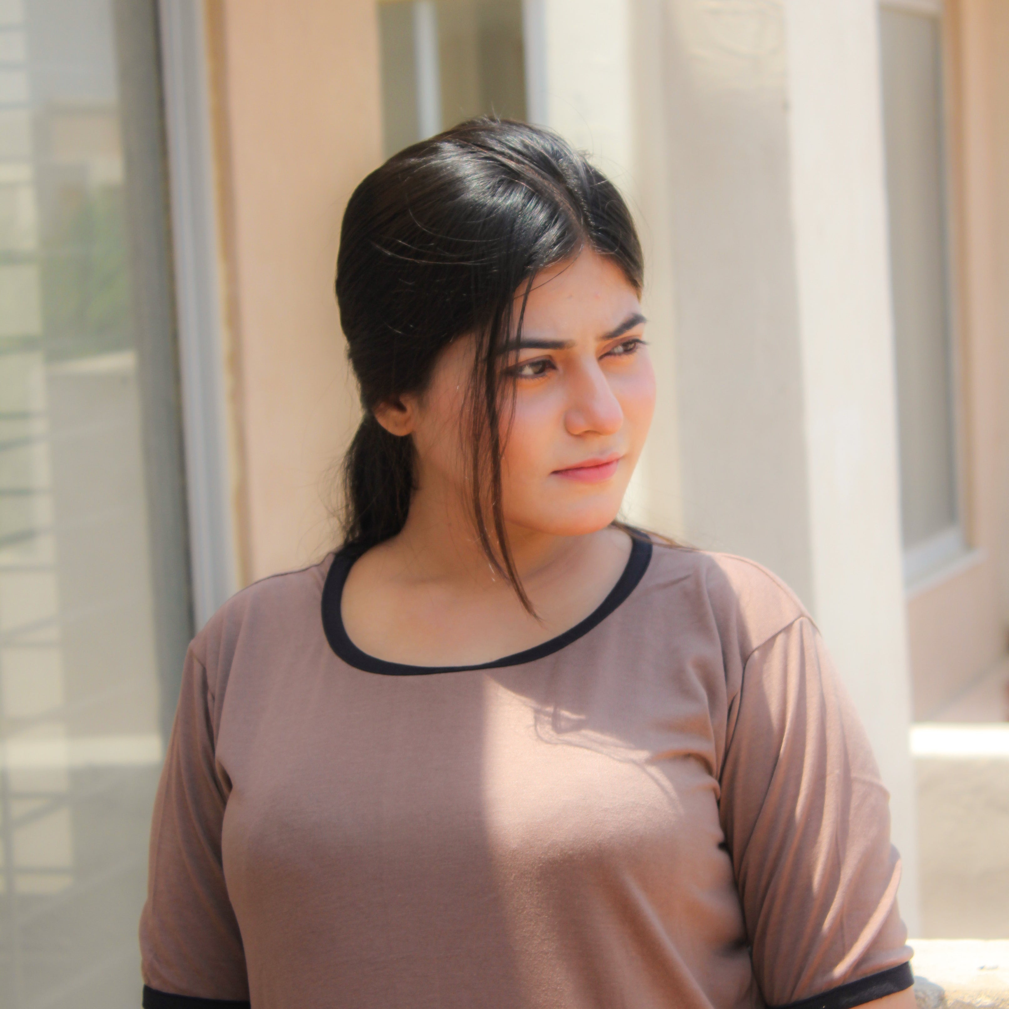 Plain Coffee Colour T-Shirt with Black Round Neck and Plazzo Pajama