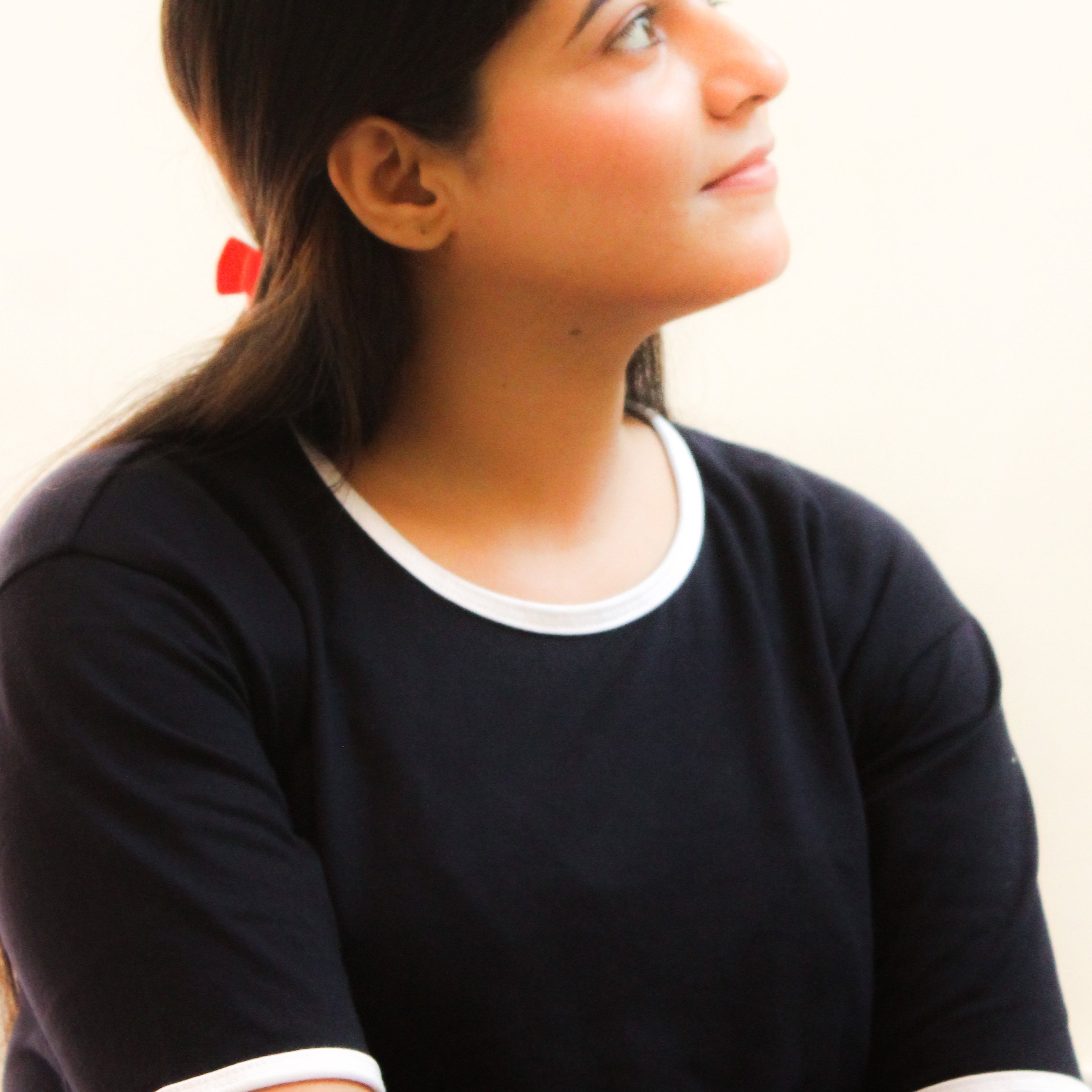 Plain Black T-Shirt with White Round Neck and Plazzo Pajama (Half Sleeve)