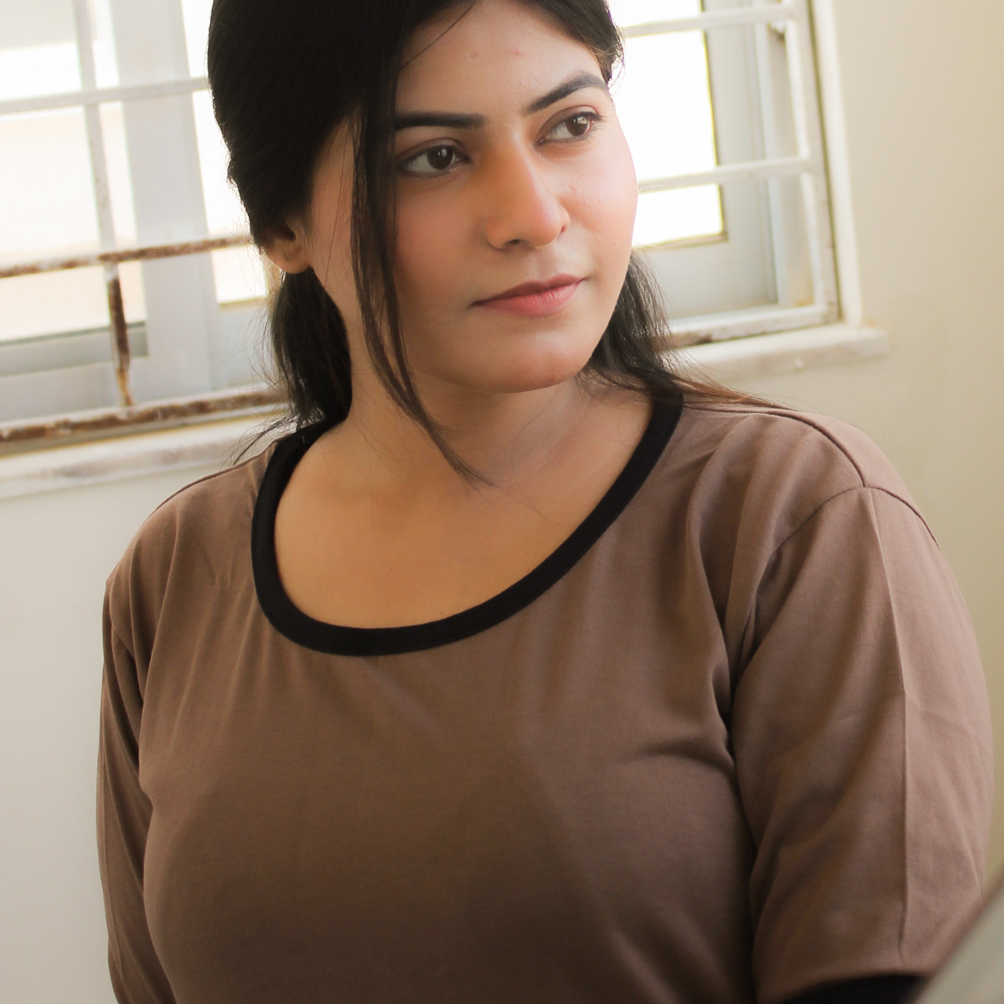 Plain Coffee Colour T-Shirt with Black Round Neck and Plazzo Pajama