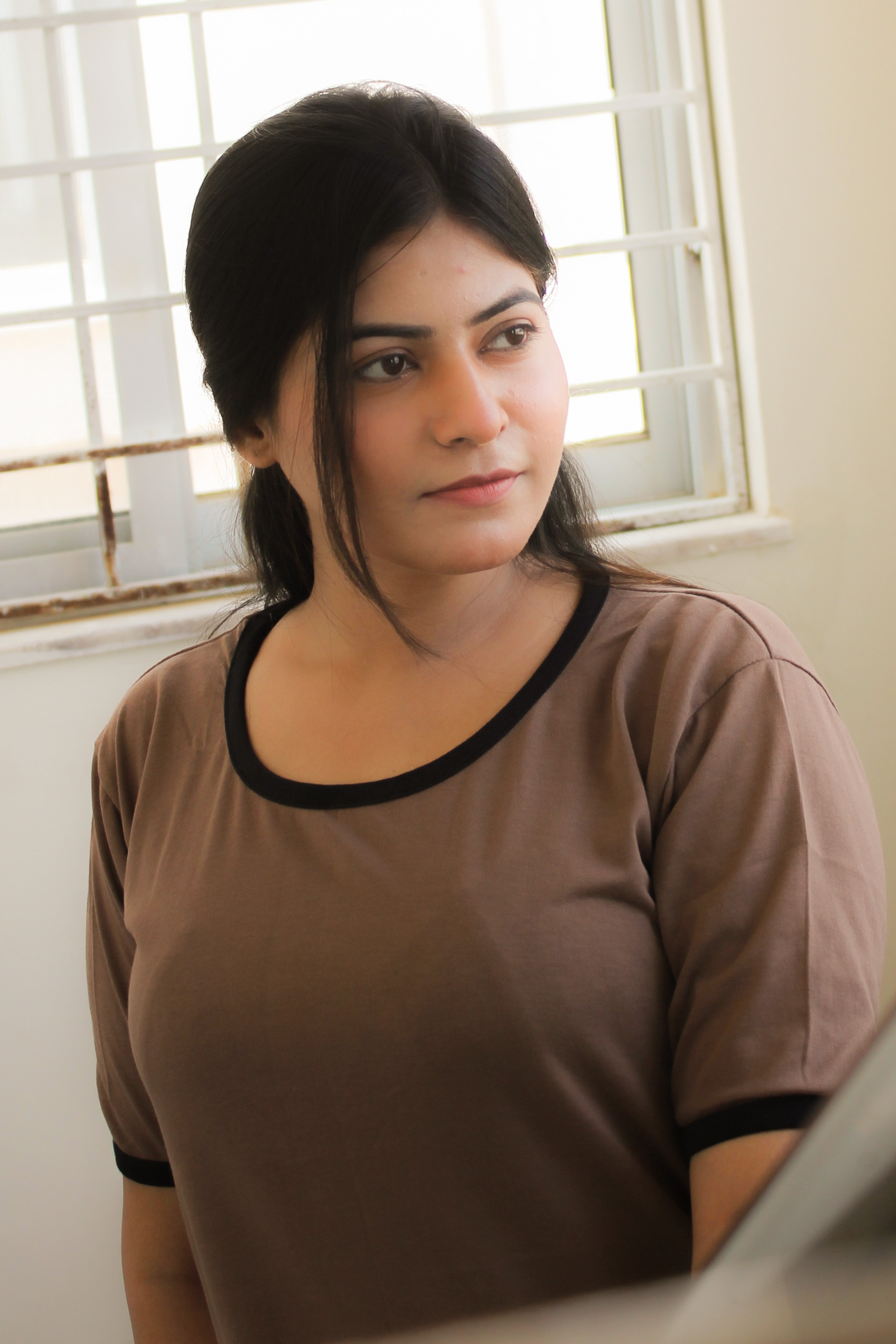 Plain Coffee Colour T-Shirt with Black Round Neck and Plazzo Pajama