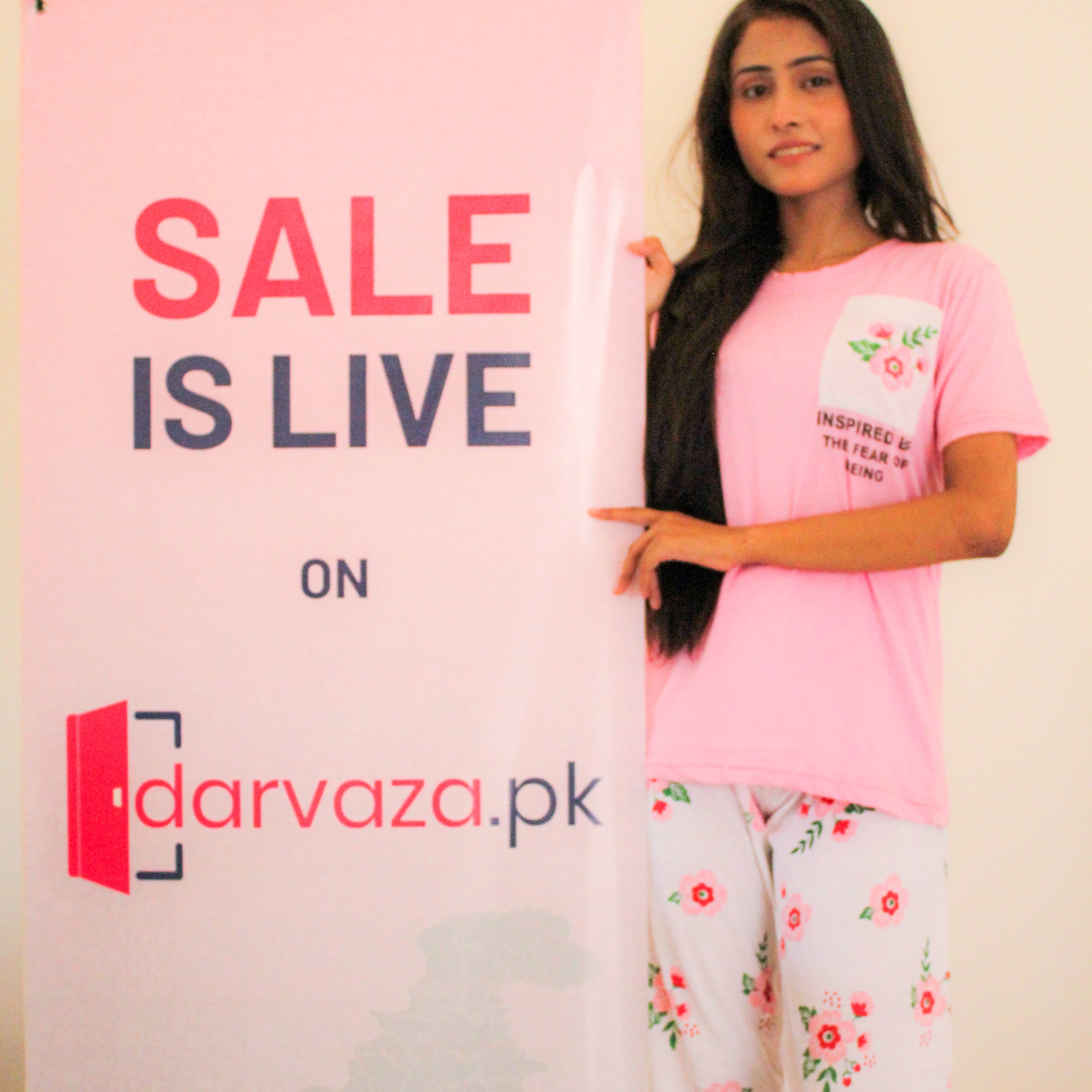 Pink Flower Printed Pocket Half Sleeves Shirt and White Flower Printed Trouser Nightwear