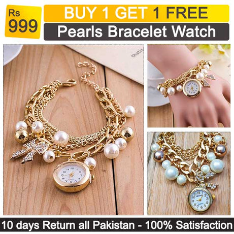 Buy 1 Get 1 Free Offer Ladies Luxury Pearls Bracelet Wrist Watch