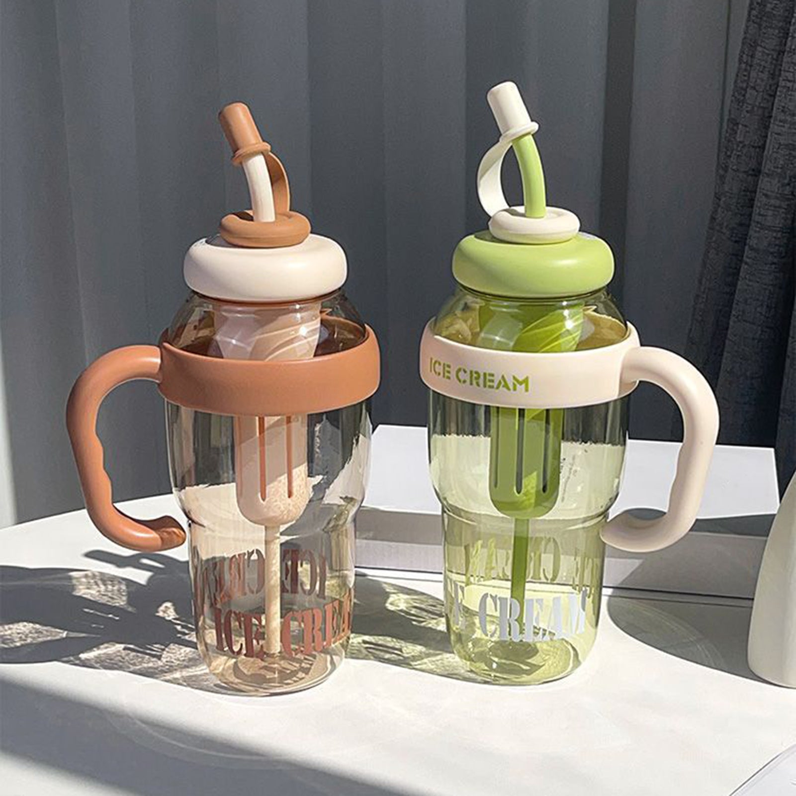 Ice Cream Water Bottle with Straw & Handle – Aesthetic Double-Layer Tumbler | Leakproof & BPA-Free