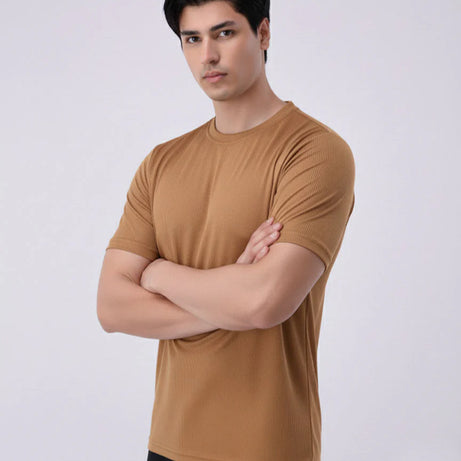 Imported Lycra Textured T-Shirt – Camel Brown
