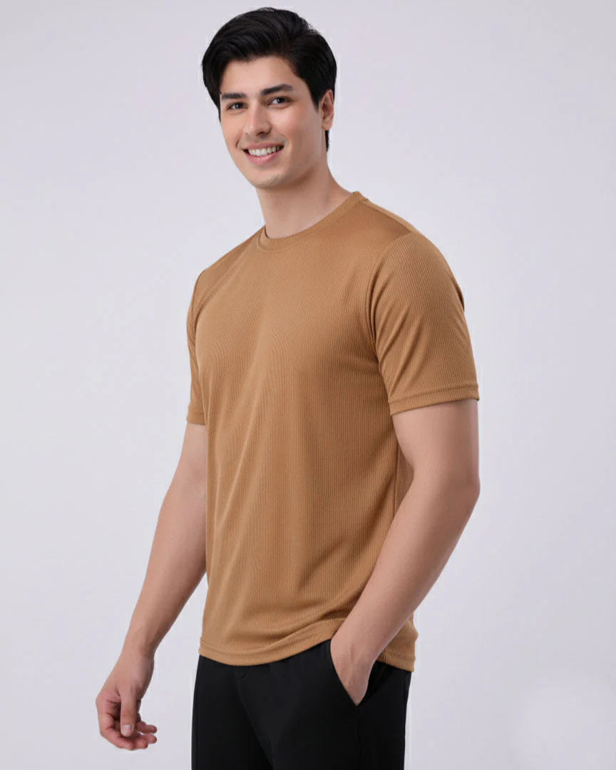 Imported Lycra Textured T-Shirt – Camel Brown