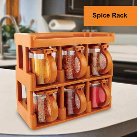 Master Chef 2 Tier Spice Organizer Rack with 6 Jars Set For Kitchen and Outdoor Use