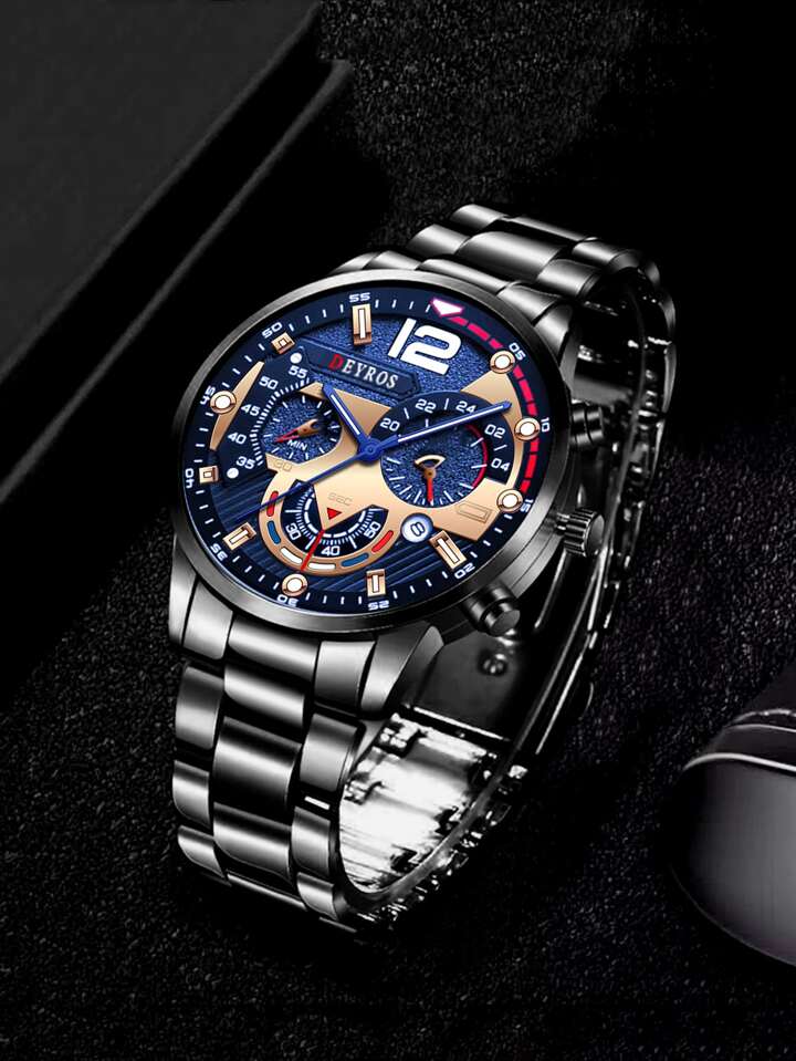 Deyros Stainless Steel Calendar Luminous Clock Dial Analog Luxury Quartz Wristwatch For Men