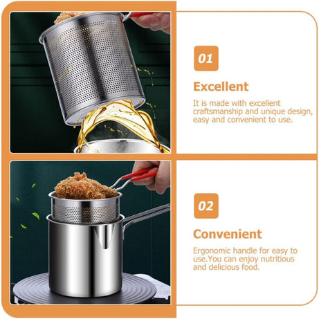 Multi Functional Stainless Steel Rust Resistant 1200ML Deep Fryer Pot with Strainer Basket and Long Handle Kitchen Oil Frying Pot Kettle for Home Use