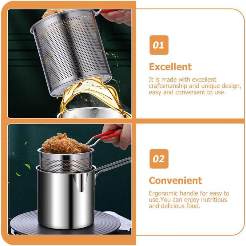 Multi Functional Stainless Steel Rust Resistant 1200ML Deep Fryer Pot with Strainer Basket and Long Handle Kitchen Oil Frying Pot Kettle for Home Use