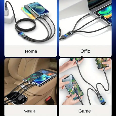 3 in 1 Multiple Interfaces 100W USB Charging Cable with Intelligent Support and Visual Power For Home and Outdoor Use