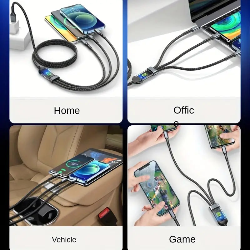 3 in 1 Multiple Interfaces 100W USB Charging Cable with Intelligent Support and Visual Power For Home and Outdoor Use