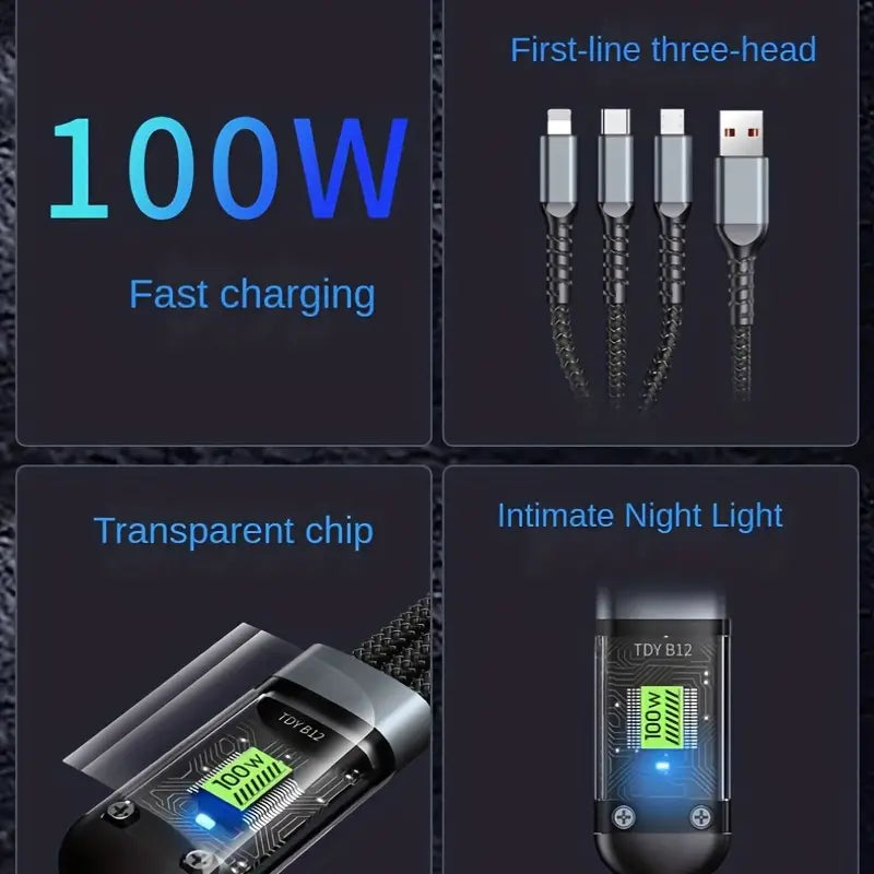 3 in 1 Multiple Interfaces 100W USB Charging Cable with Intelligent Support and Visual Power For Home and Outdoor Use