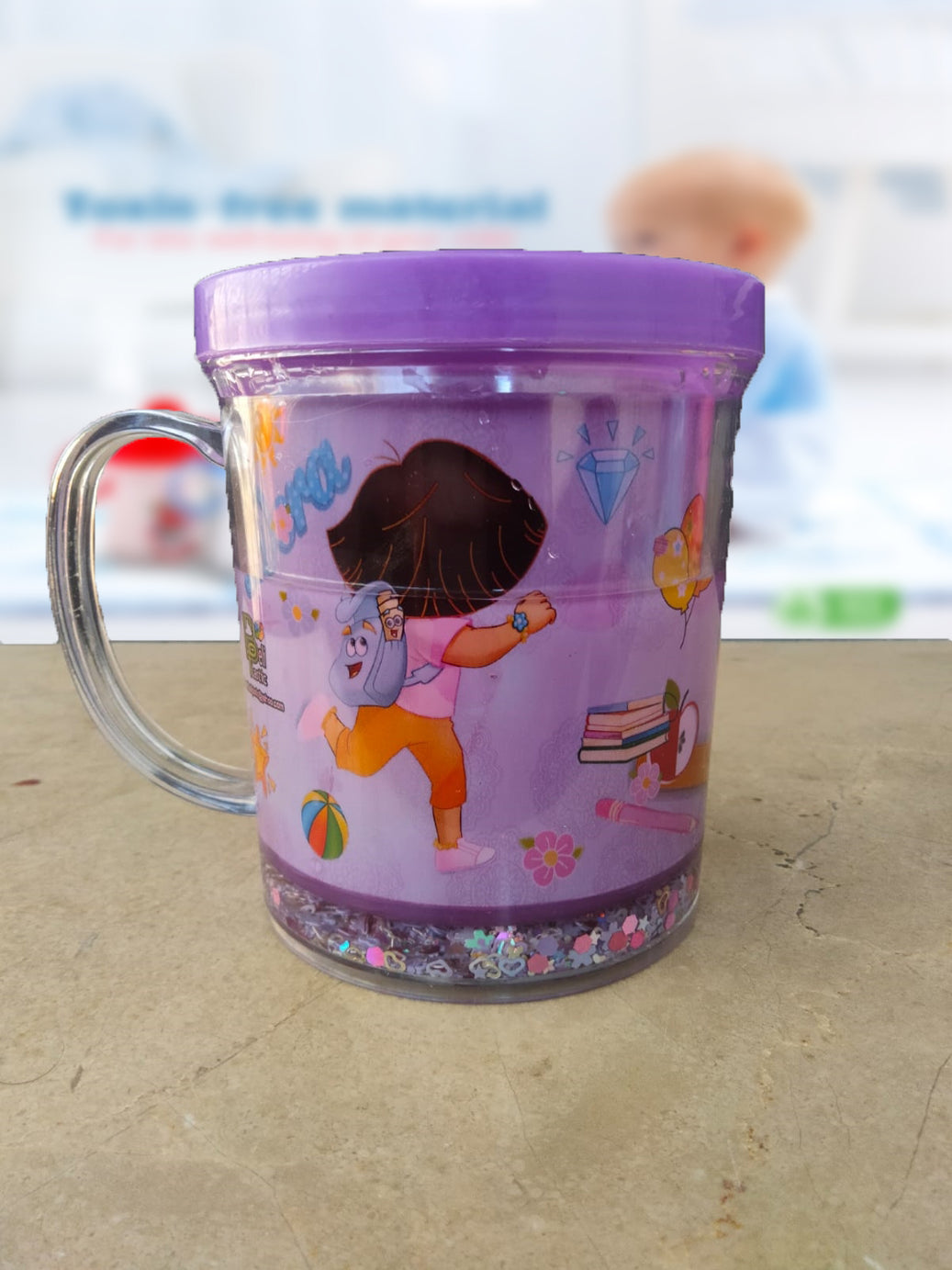 (Pack of 2) New Kids Cartoon Glitter Glass Mug For Boys and Girls