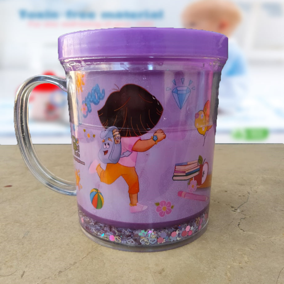 (Pack of 2) New Kids Cartoon Glitter Glass Mug For Boys and Girls