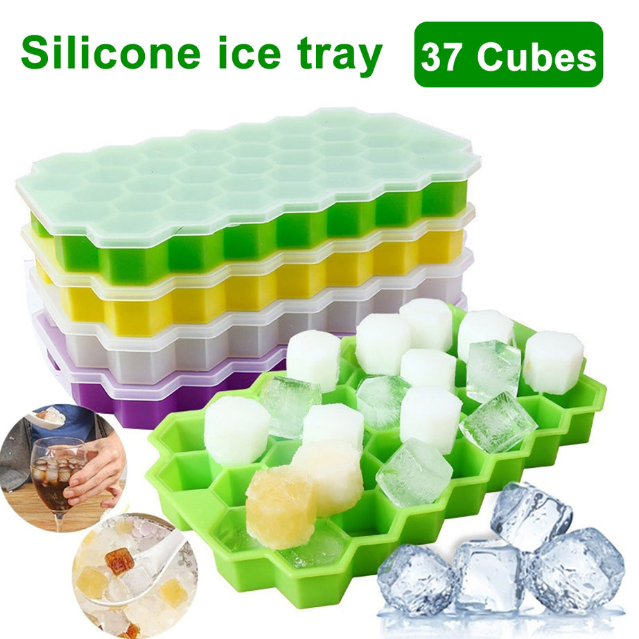 2Pcs Reusable Silicone 37 Cavity Honeycomb Ice Cube Trays Mold BPA Free Ice Maker with Removable Lids