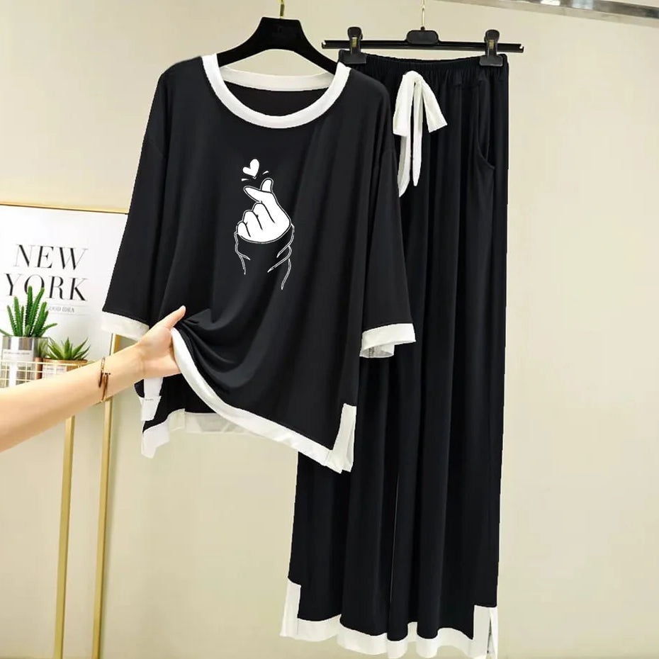 Black K-Pop Heart White Round Neck Plazzo PJ Set