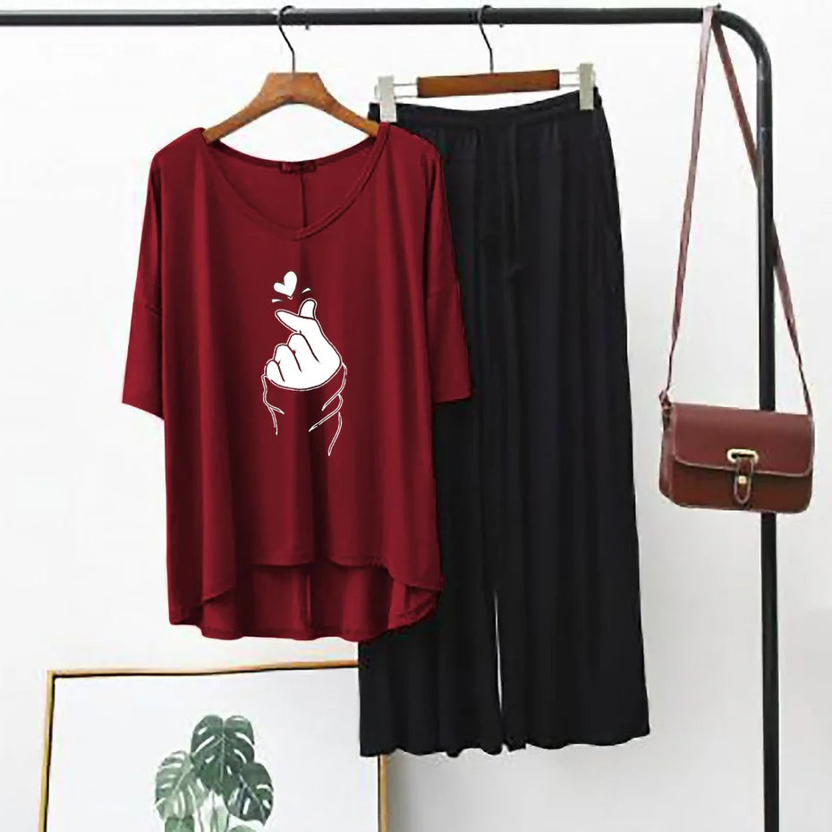Plain Red K-Pop Heart V-Neck T-Shirt with Black Plazzo PJ Set