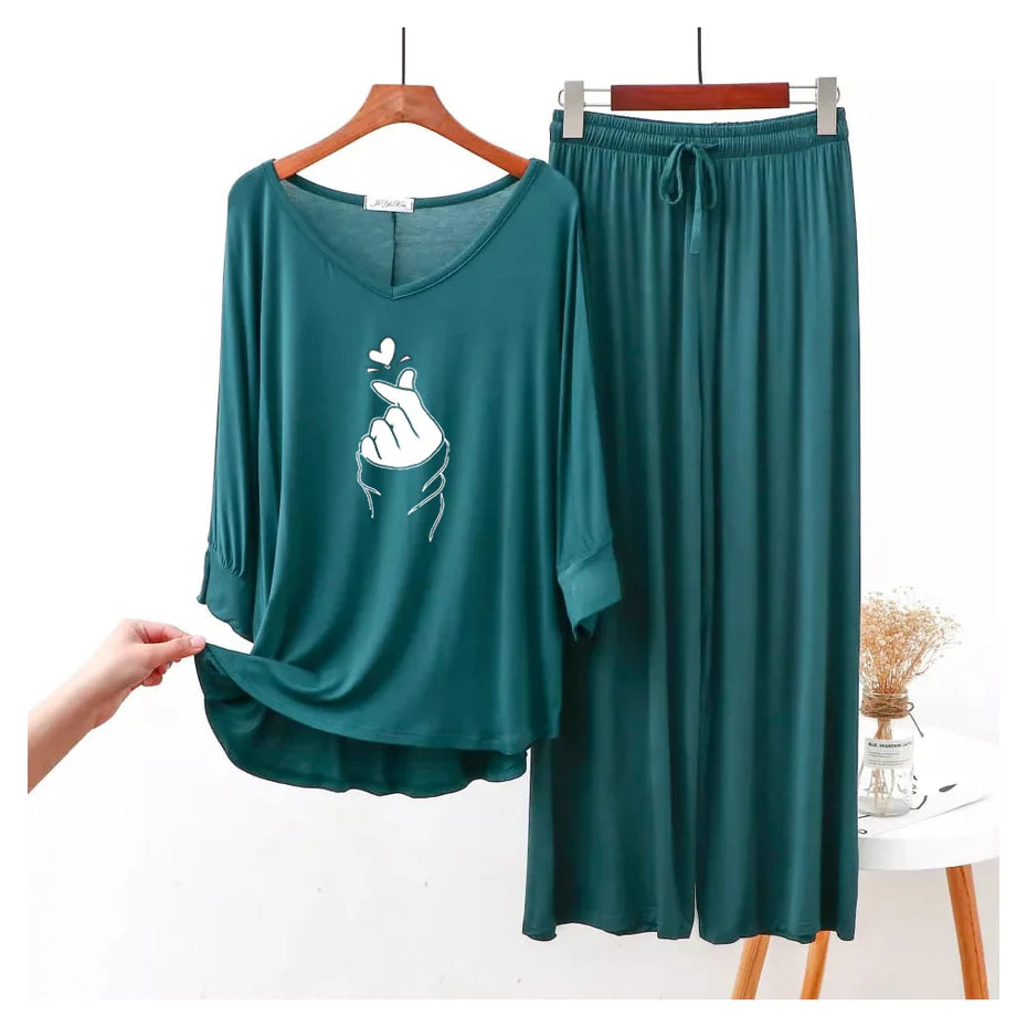 Persian Blue K-Pop Heart V-Neck Women Night Suit PJ Set