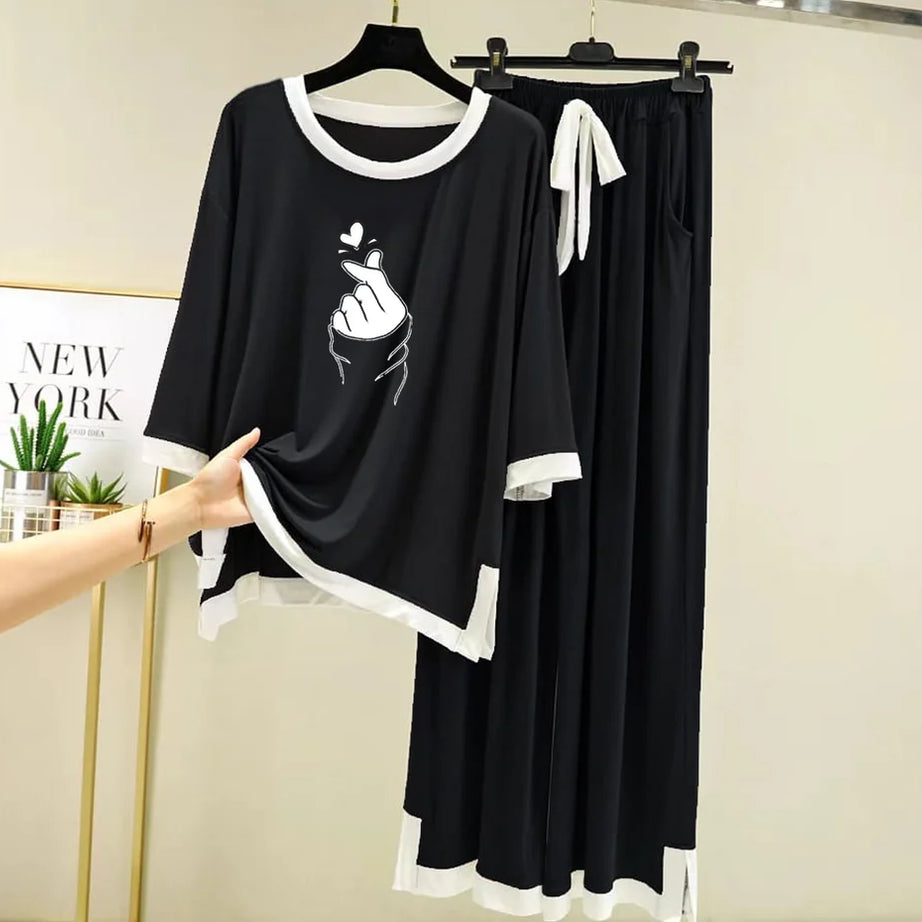 Black K-Pop Heart White Round Neck Plazzo PJ Set