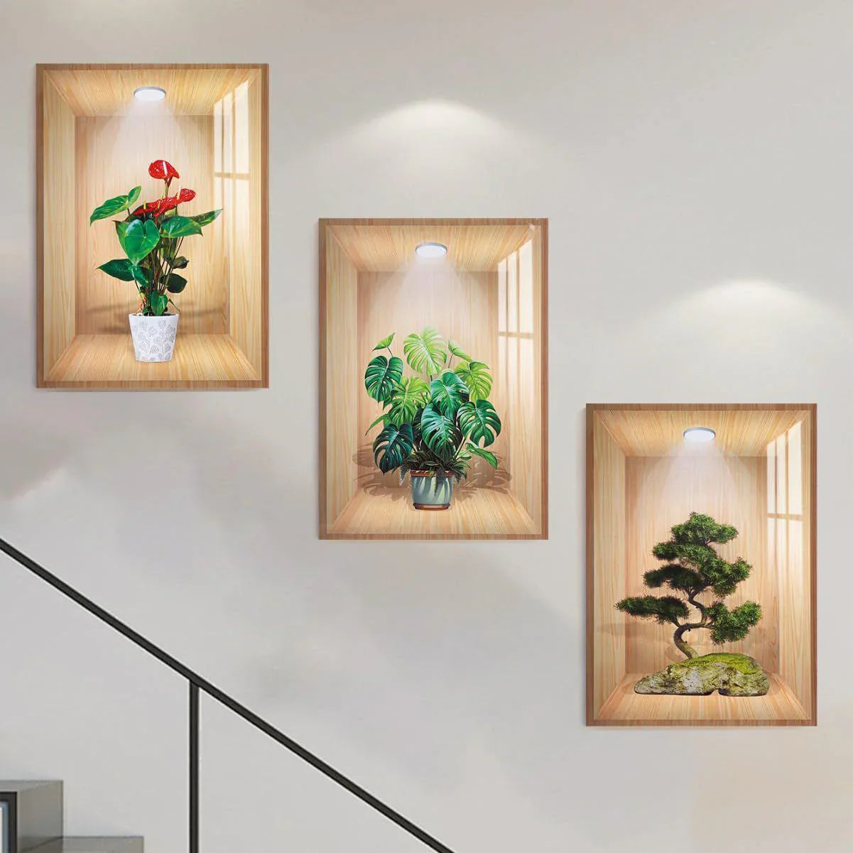 New Year Sale - 3D Plant Wall Stickers look like real decorative wall niches with plant vase and soft spotlight
